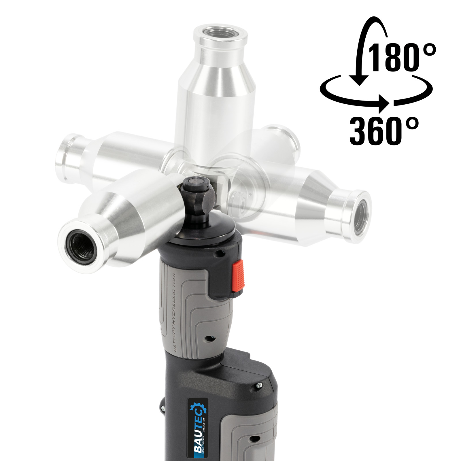 Werkzeug mit um 360 Grad drehbarem Kopf. Das Werkzeug hat ein grau-schwarzes Farbschema.