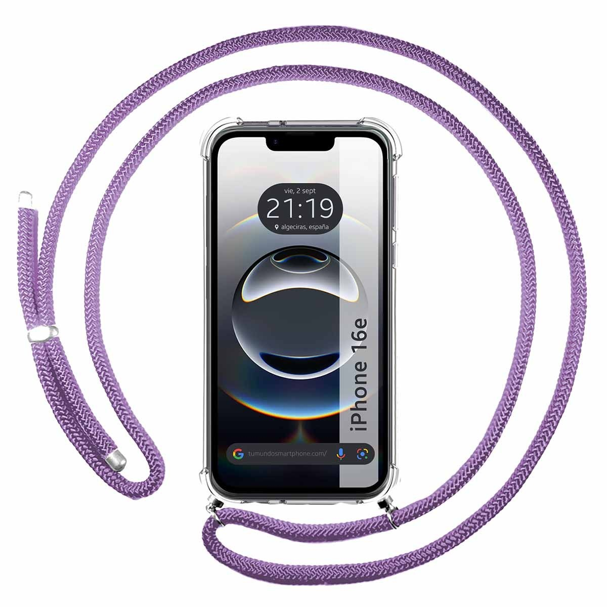 Telefono con un cordino viola attaccato. Lo schermo mostra ora e data.