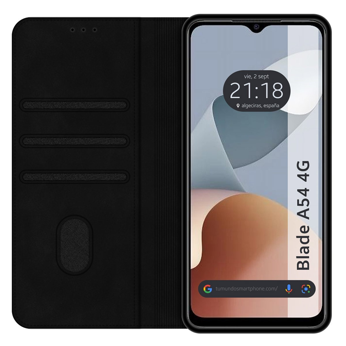 Custodia per smartphone nera aperta, mostra un telefono con schermo acceso. L'ora visualizzata è 21:18.