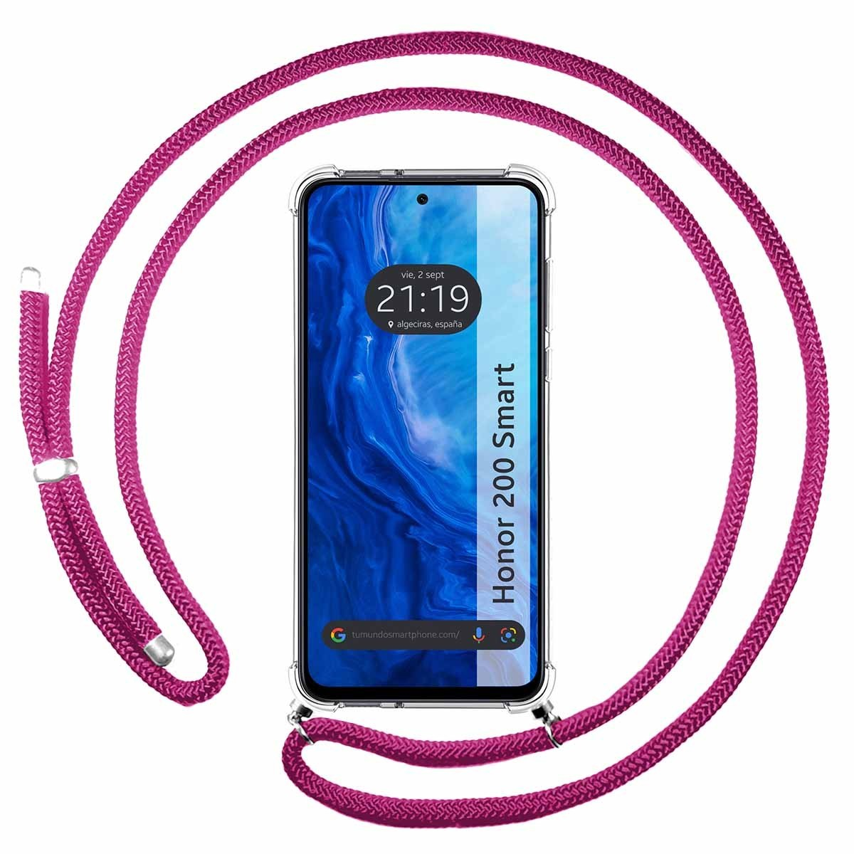 Custodia per telefono con cinturino rosa. Il telefono mostra ora e luogo.
