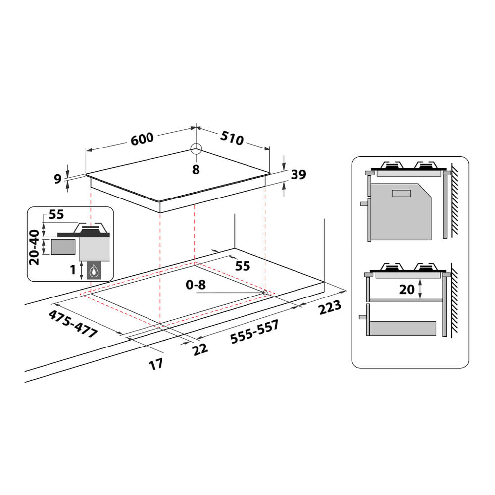 Diagramma di un piano cottura con dimensioni, che mostra il piano e lo spazio per l'installazione.