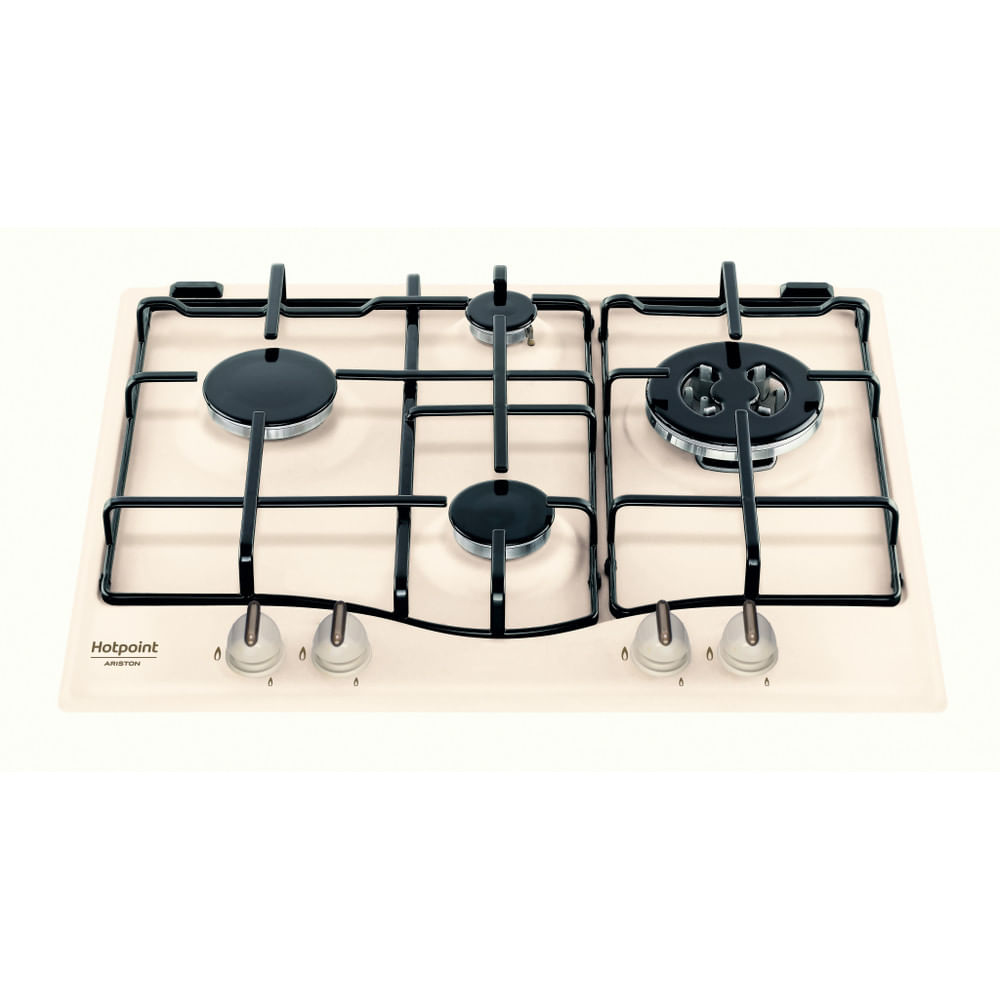 Piano cottura a gas con quattro bruciatori, griglie nere e superficie crema.