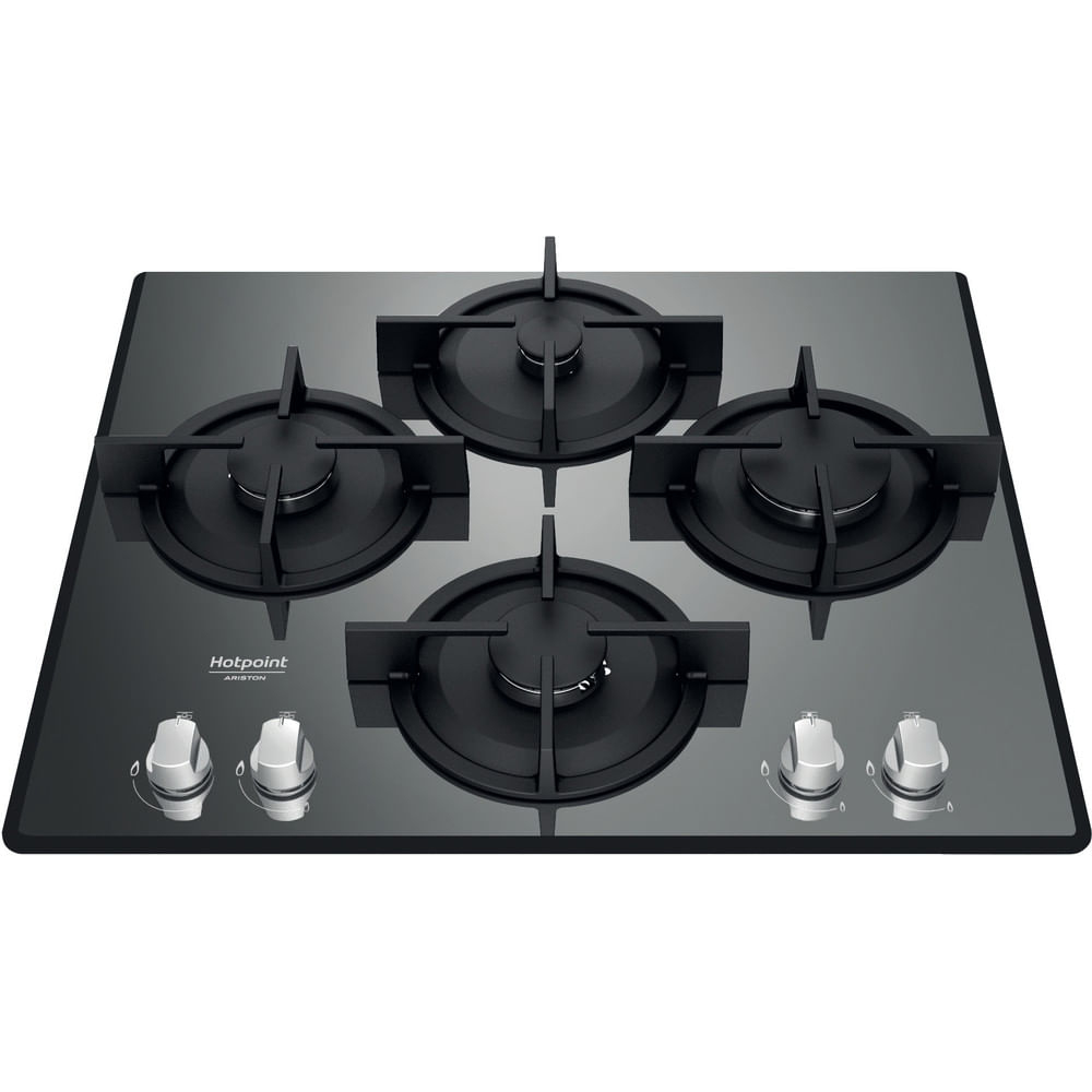 Piano cottura in vetro nero con quattro fuochi e manopole. Bruciatori e manopole neri e argento.
