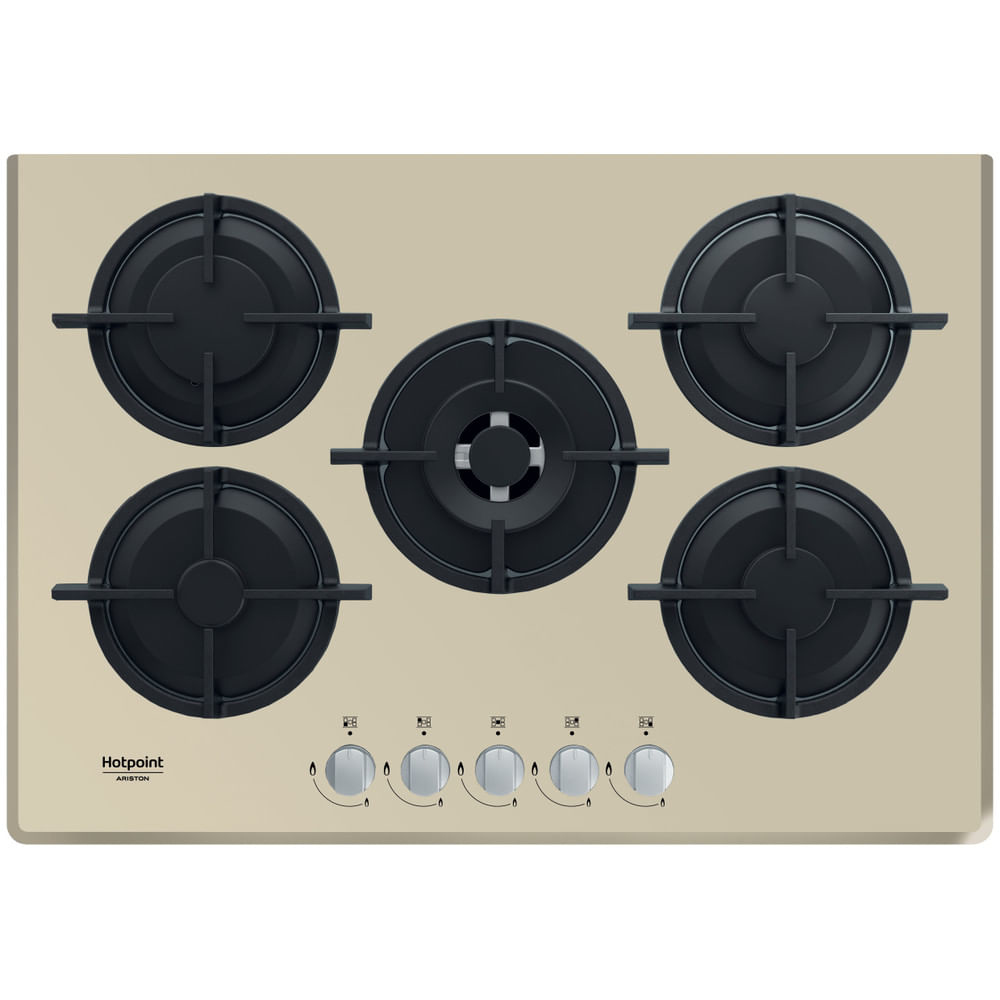 Beżowa płyta gazowa z pięcioma palnikami i srebrnymi pokrętłami.