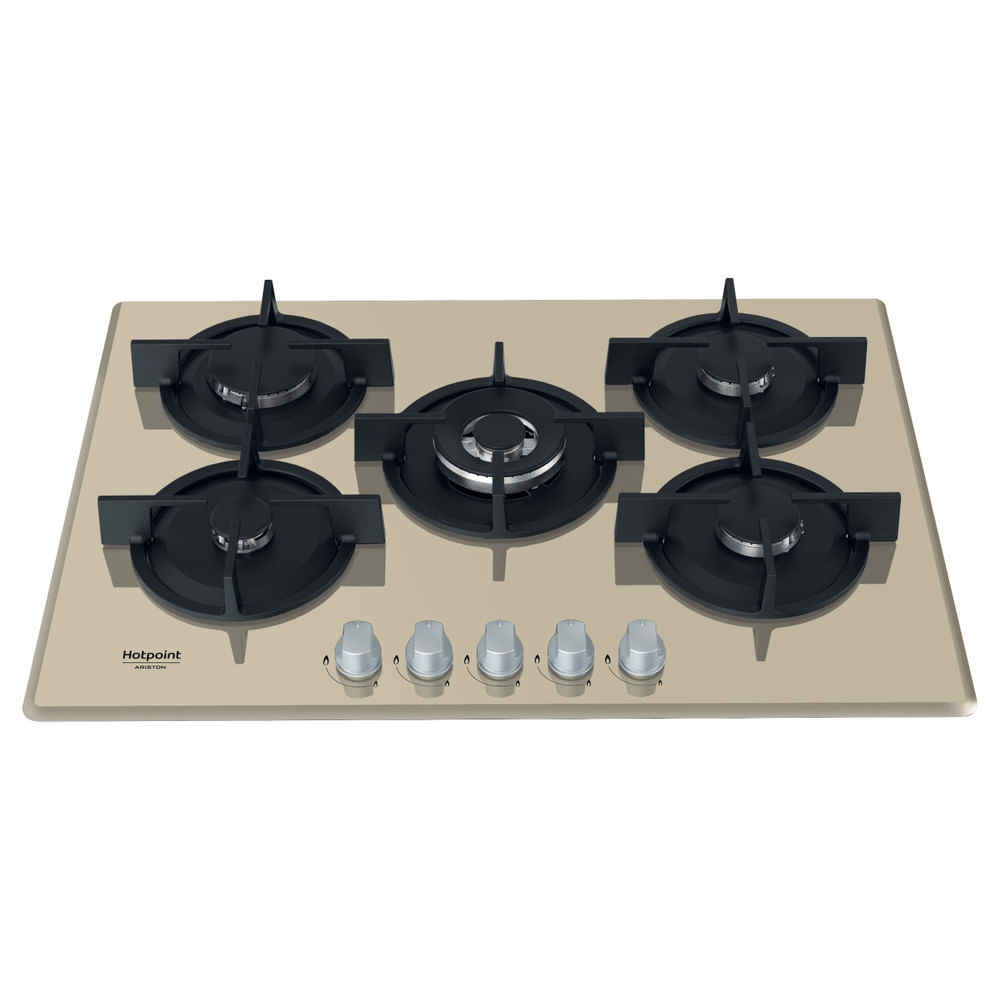 Beżowa płyta grzewcza Hotpoint z pięcioma palnikami i srebrnymi pokrętłami na białej powierzchni.