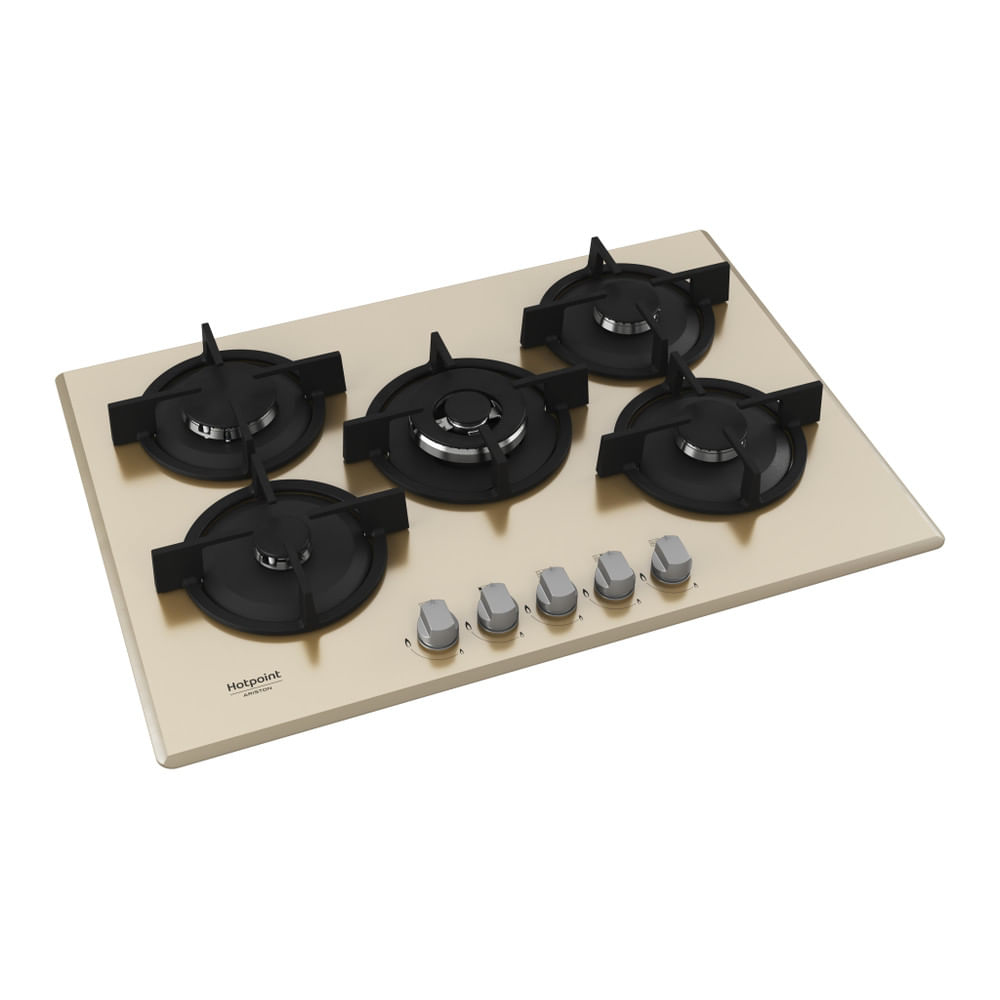 Beżowa płyta gazowa z pięcioma palnikami i pokrętłami. Widoczna nazwa marki Hotpoint Ariston.