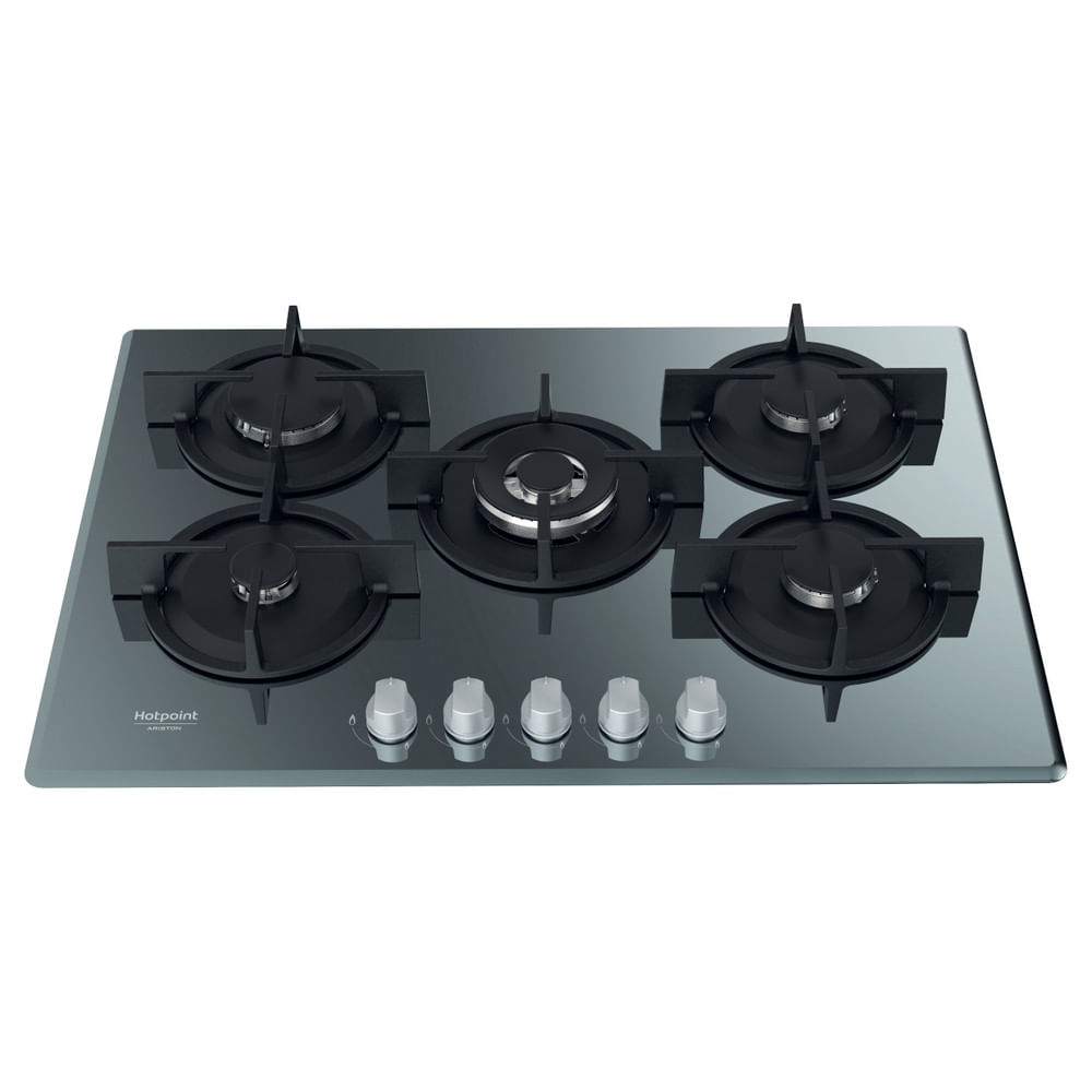 Czarna, szklana płyta grzewcza Hotpoint z pięcioma palnikami i srebrnymi pokrętłami.