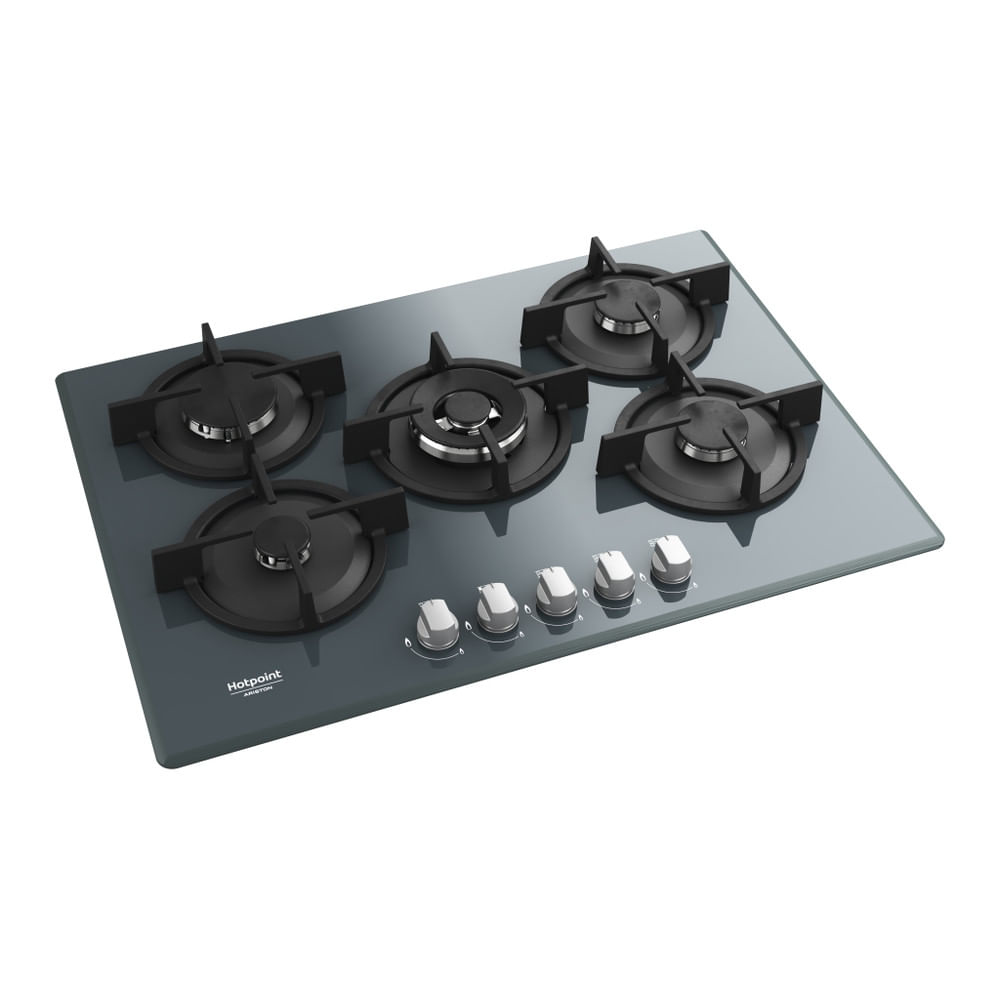 Ciemnoszara płyta gazowa z pięcioma palnikami i srebrnymi pokrętłami.
