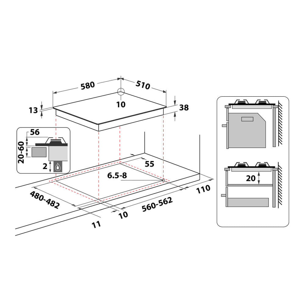 Disegno tecnico di un piano cottura a incasso con dimensioni e dettagli.