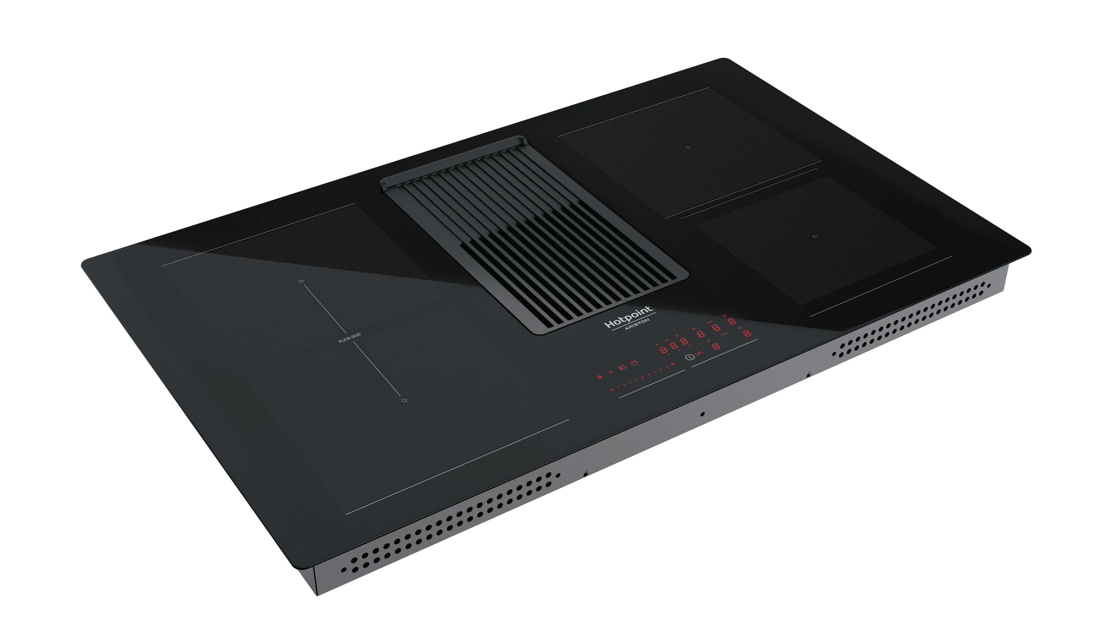 Un piano cottura a induzione Hotpoint nero con aspiratore integrato, comandi touch e display rosso.