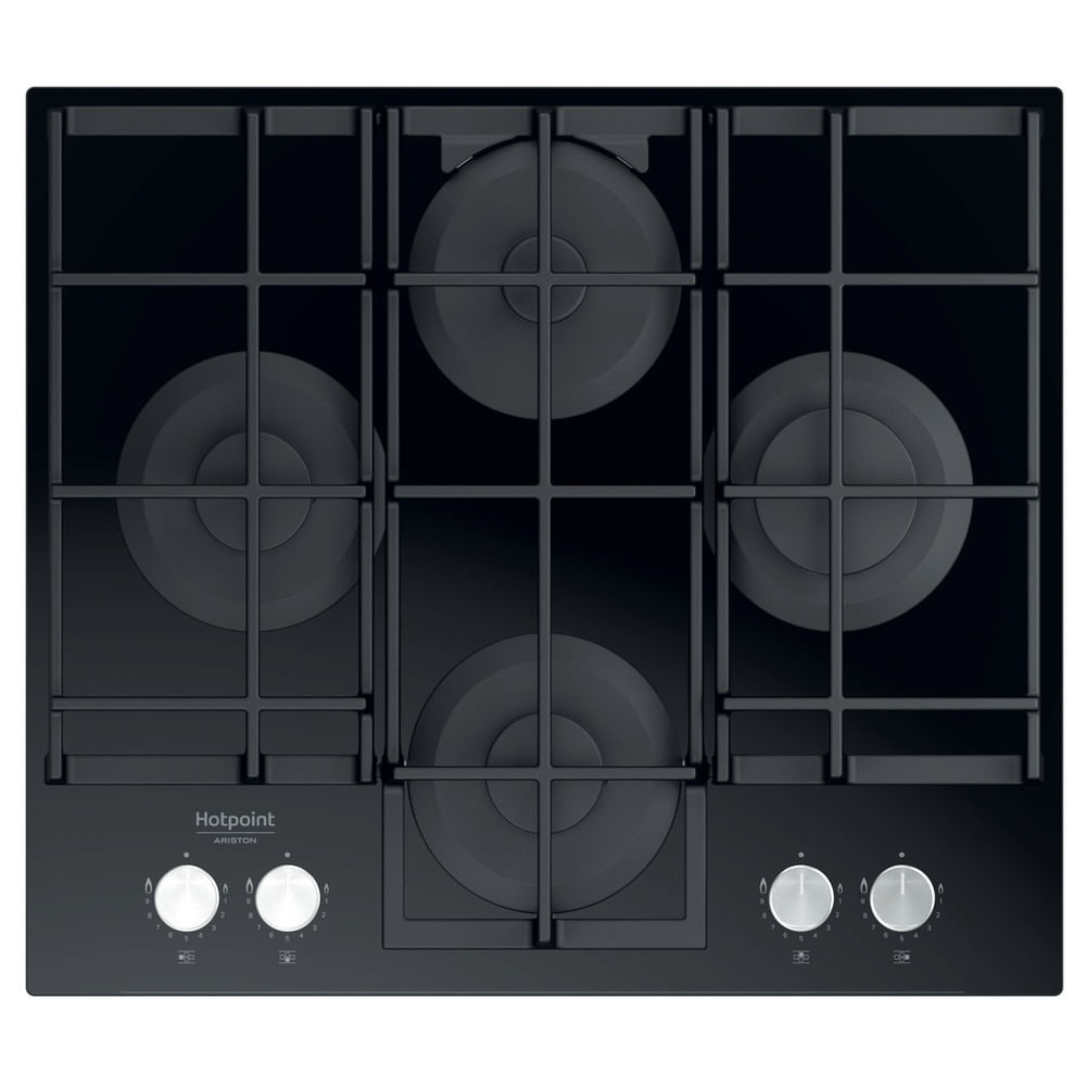Piano cottura a gas nero con cinque fuochi e manopole. Marchio Hotpoint Ariston visibile frontalmente.