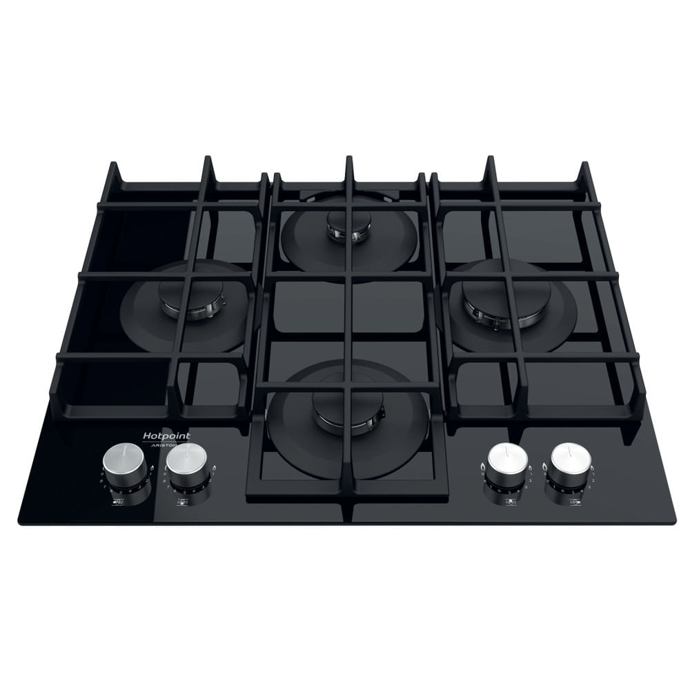 Un piano cottura a gas nero con cinque fuochi e manopole argentate. Il marchio 'Hotpoint Ariston' è visibile.
