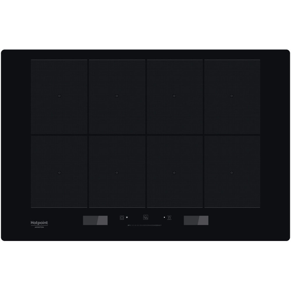 Czarna płyta grzewcza z ośmioma strefami gotowania, sterowaniem dotykowym i logo Hotpoint.