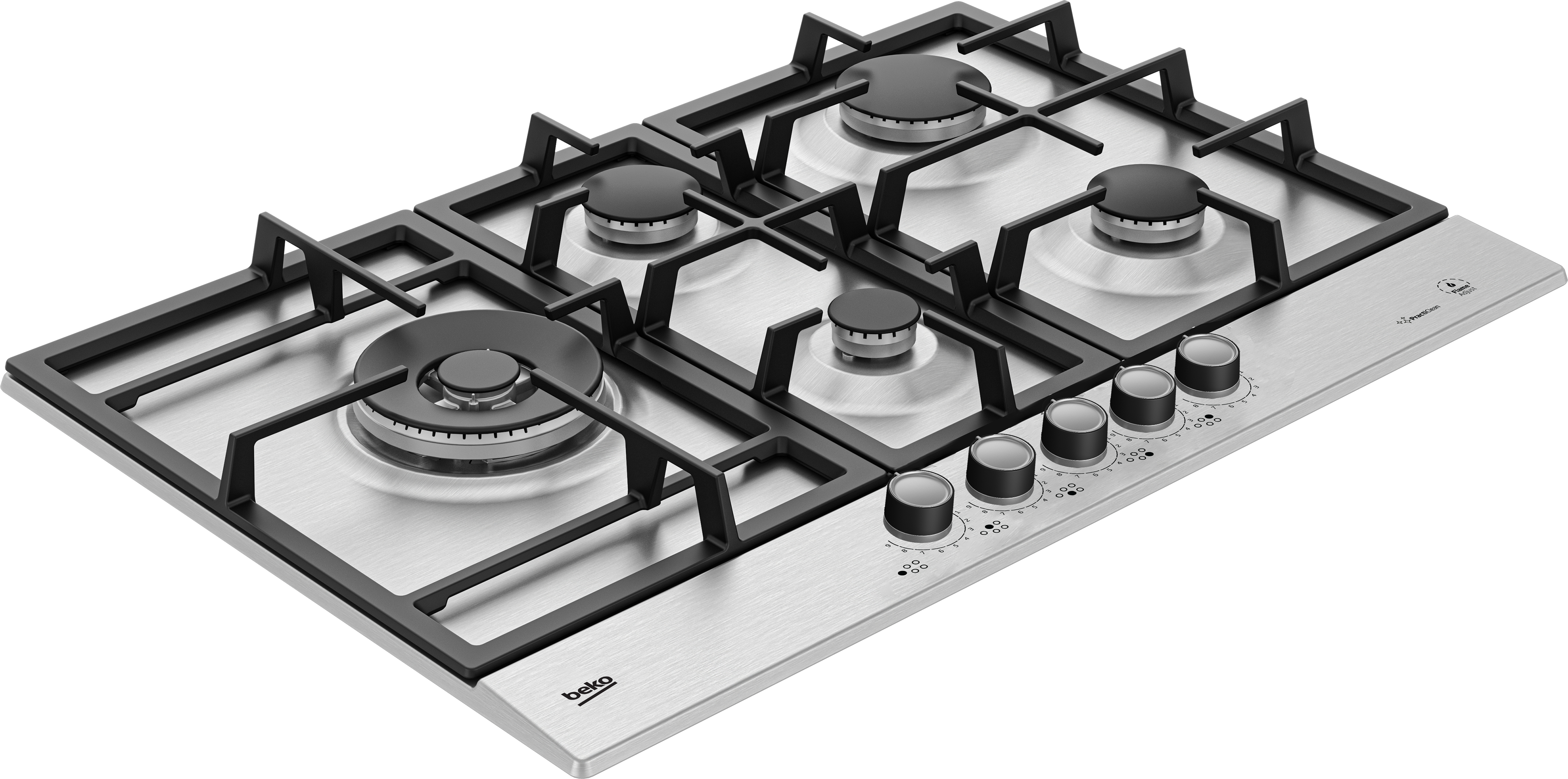 Piano cottura a gas in acciaio inox con quattro fuochi e manopole argento. Beko.