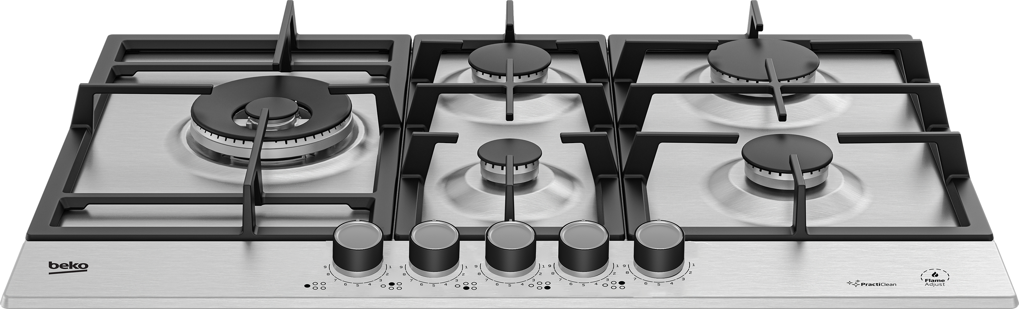 Piano cottura in acciaio inox con cinque fuochi e manopole. Logo Beko visibile.