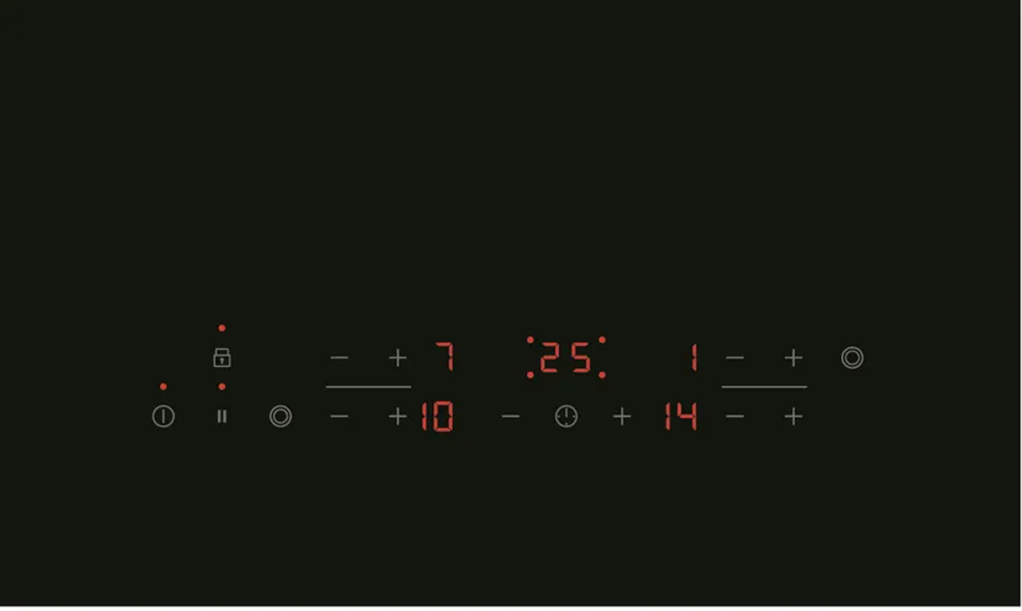 Zbliżenie cyfrowego wyświetlacza na czarnej płycie grzewczej z liczbami i symbolami.