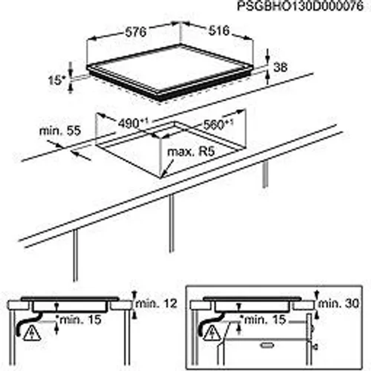 Schemat płyty grzewczej z wymiarami. Pokazuje widoki z góry i z boku z pomiarami. Tekst i strzałki w zestawie.