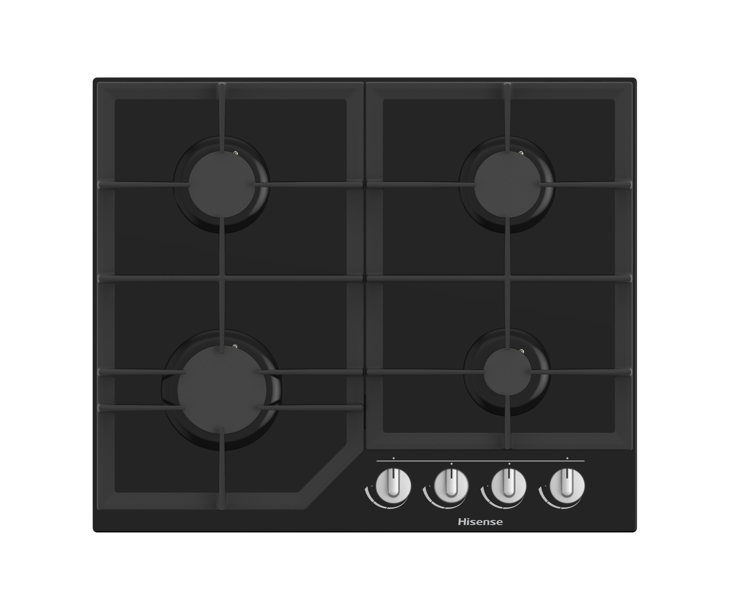 Czarna płyta gazowa z czterema palnikami i pokrętłami. Poniżej logo Hisense.