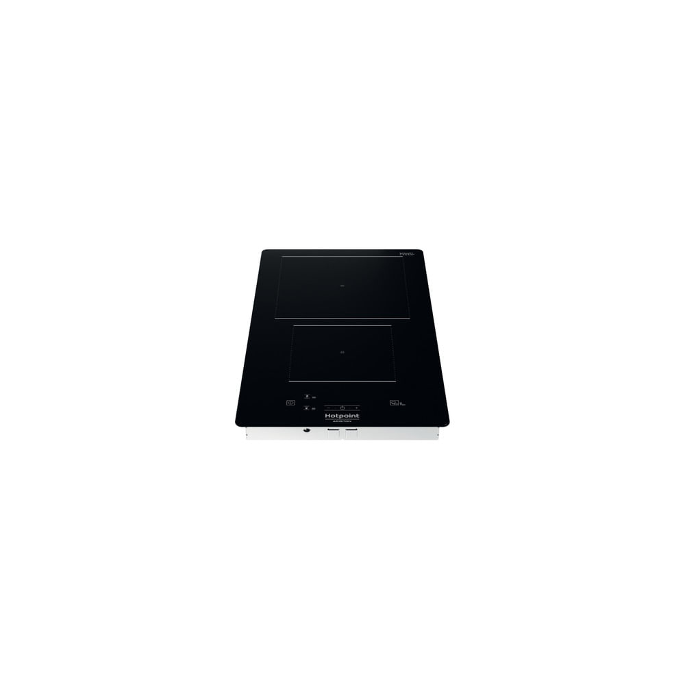 Piano cottura in vetro nero con due zone cottura, comandi touch e logo Hotpoint.