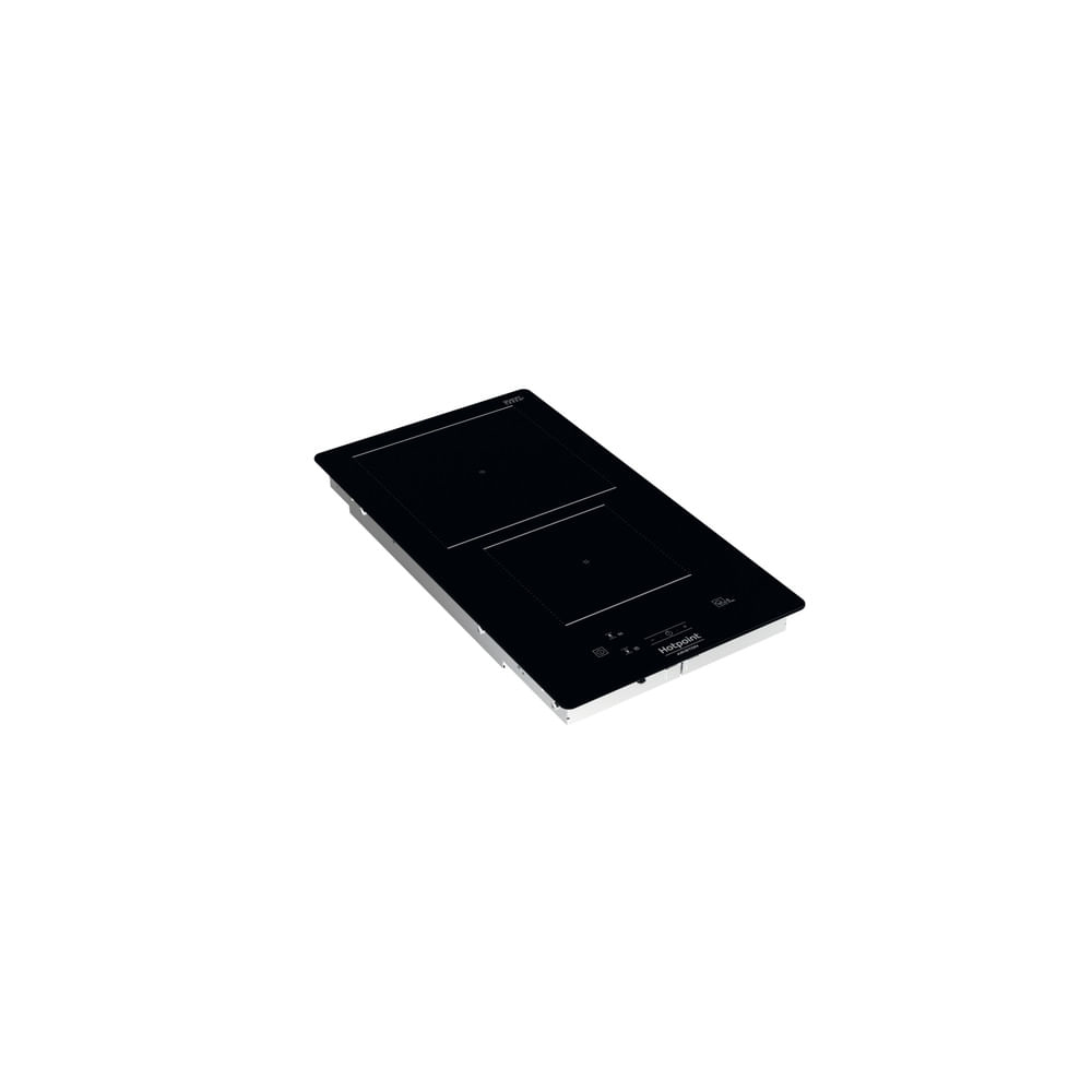 Piano cottura a induzione nero con due zone cottura. Logo Hotpoint visibile.