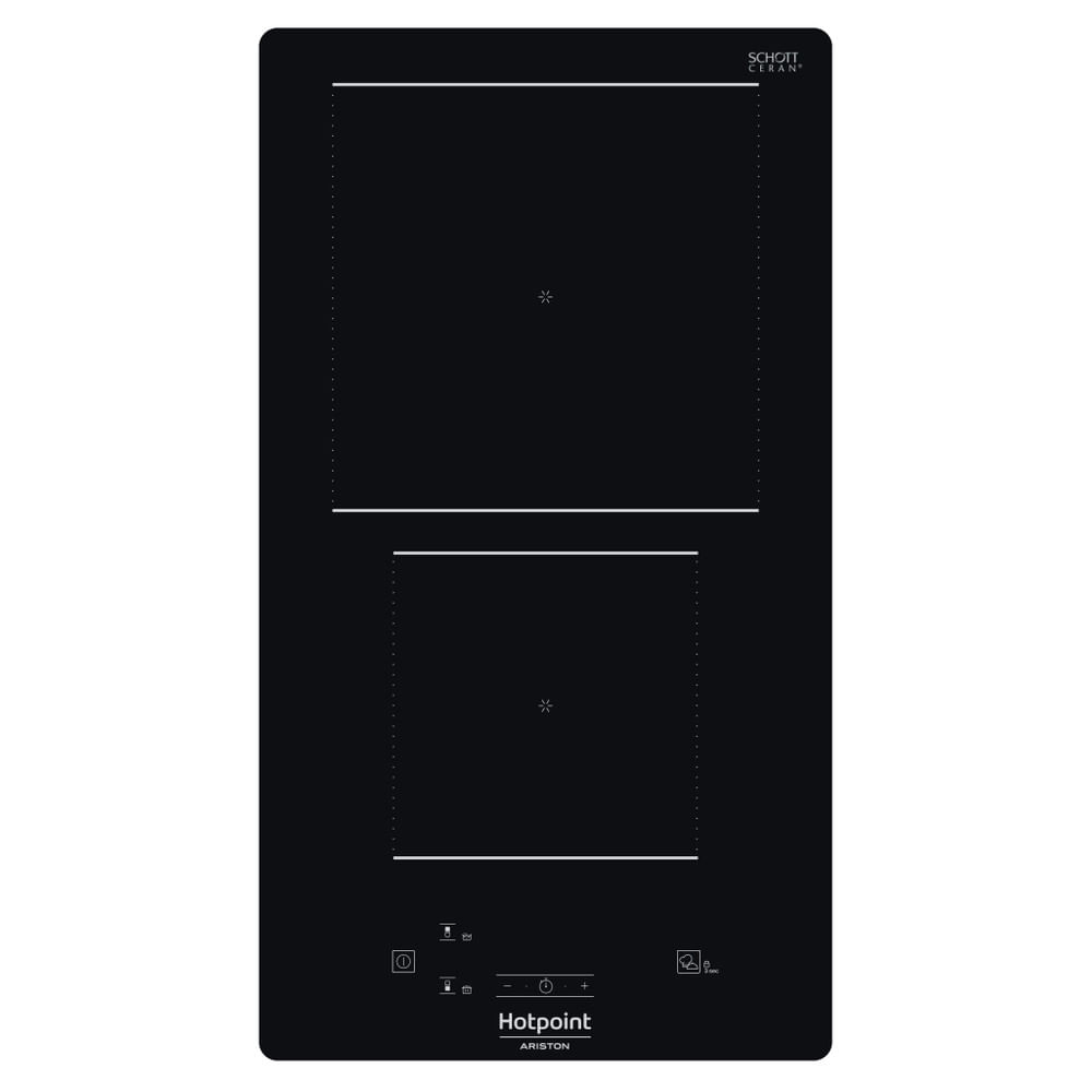 Piano cottura in vetro nero con due fuochi e comandi touch. Hotpoint Ariston.