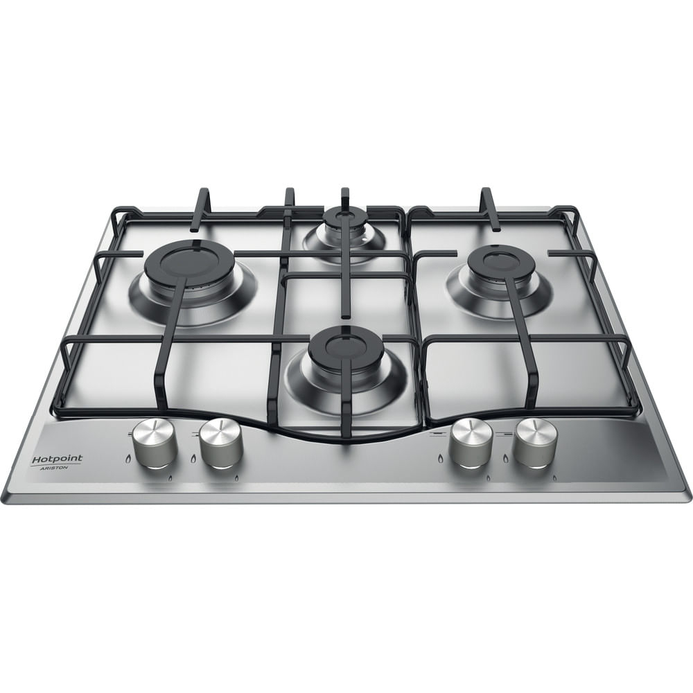 Piano cottura a gas in acciaio inox con quattro fuochi e manopole. Marchio Hotpoint Ariston visibile.