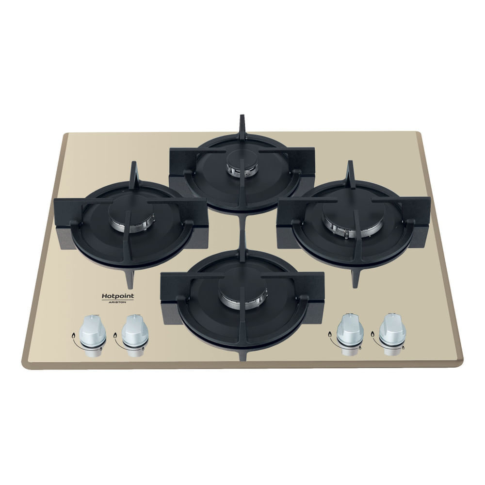 Encimera de gas Hotpoint beige con cuatro quemadores negros y mandos plateados, sobre fondo blanco.