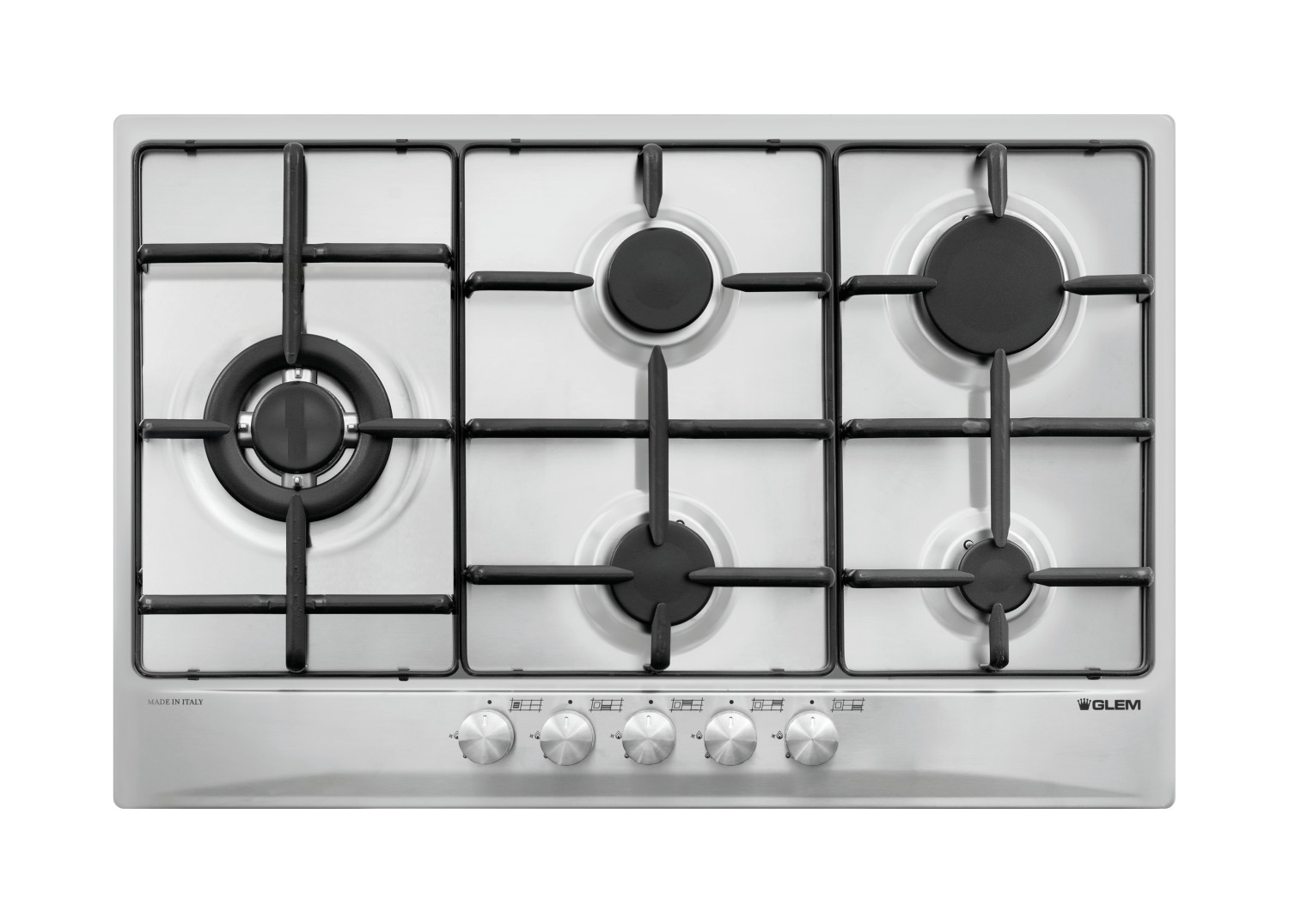Gazowa płyta grzejna ze stali nierdzewnej z pięcioma palnikami i pokrętłami. Napis Made in Italy.
