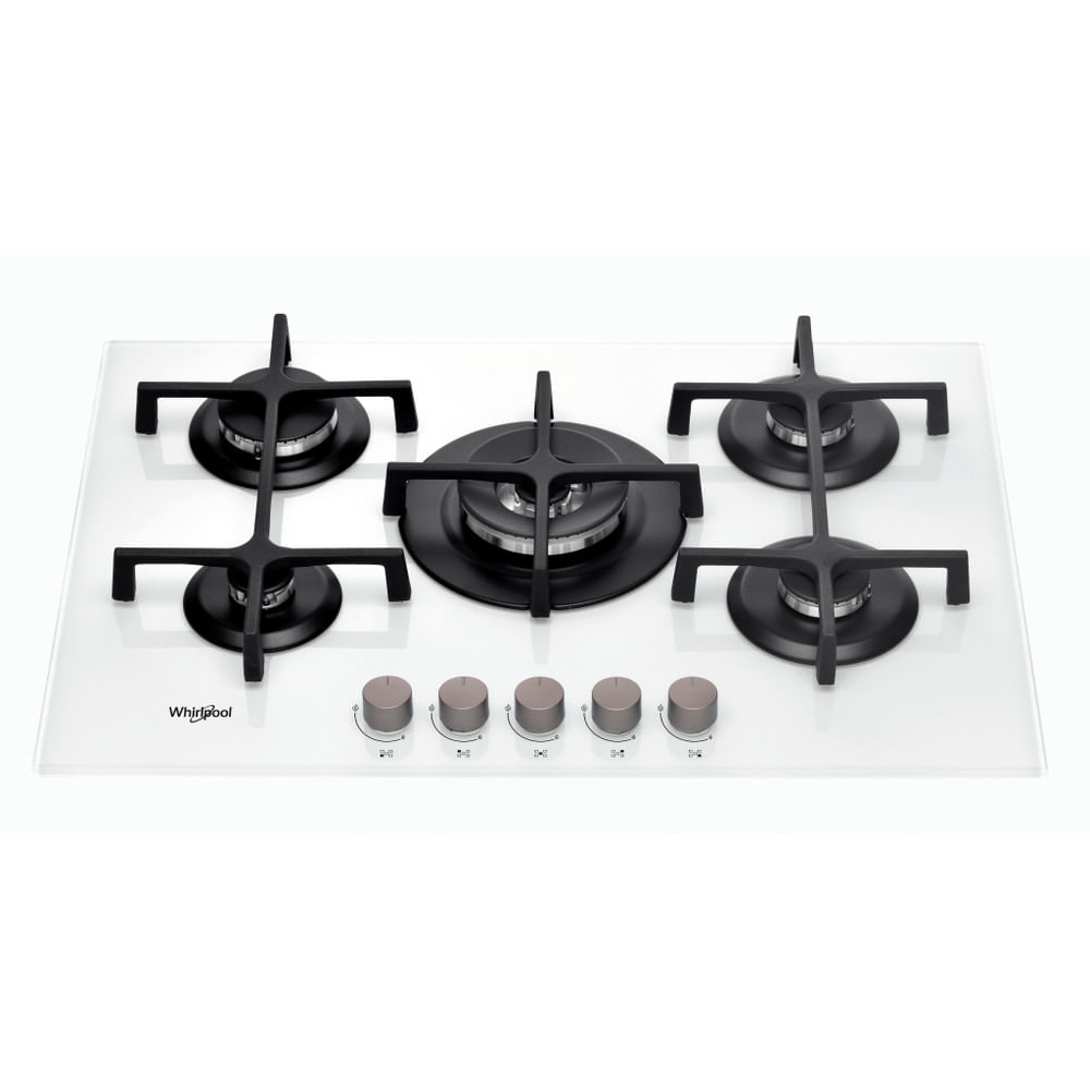 Biała szklana płyta gazowa z pięcioma czarnymi palnikami i srebrnymi pokrętłami.