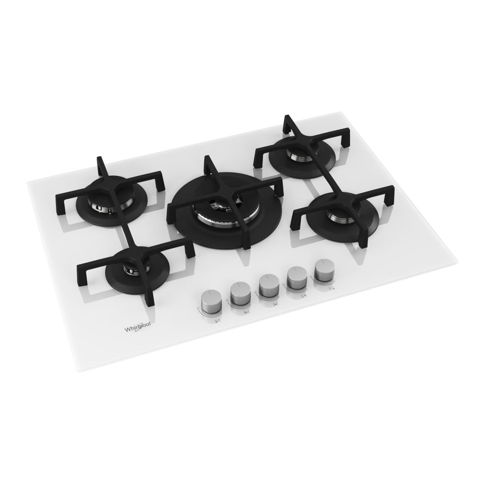 Biała płyta grzewcza ze szkła z pięcioma czarnymi palnikami i pięcioma srebrnymi pokrętłami. Widoczna marka Whirlpool.