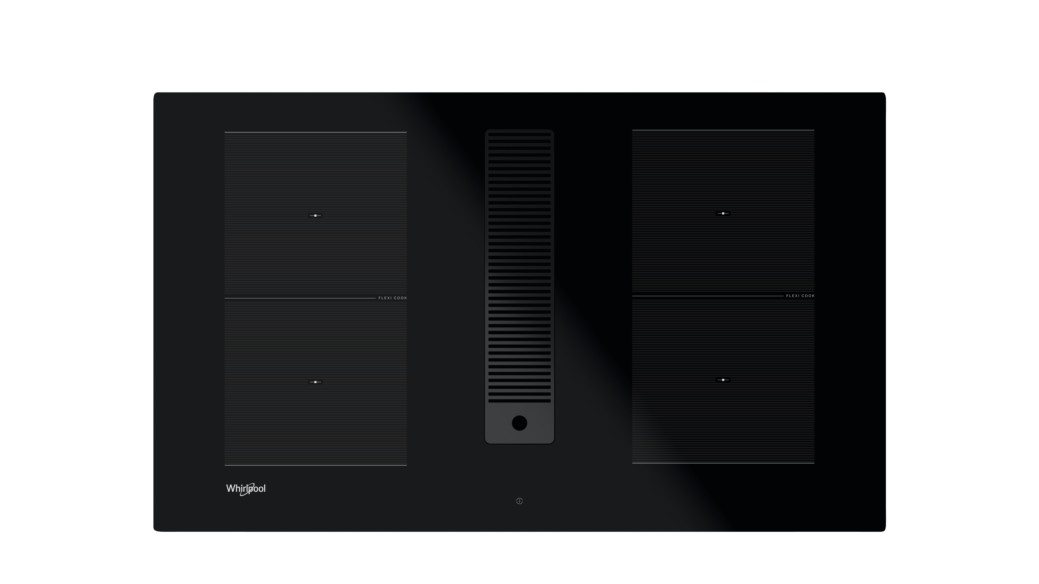 Piano cottura a induzione nero con due zone flex. Logo Whirlpool visibile.