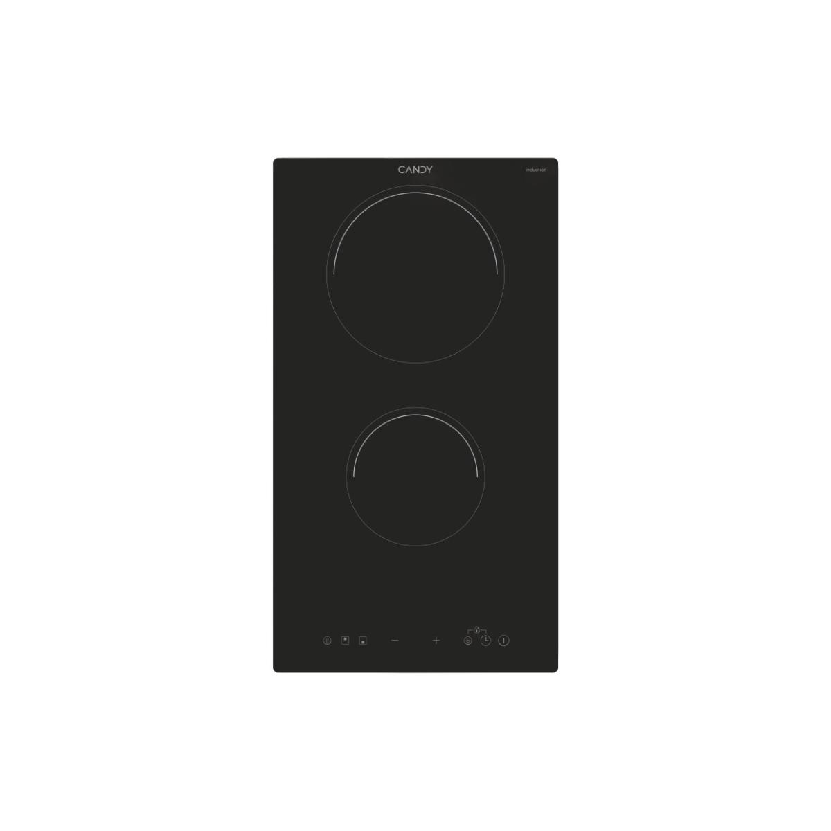 Czarna płyta indukcyjna Candy z dwiema okrągłymi strefami gotowania i sterowaniem dotykowym.