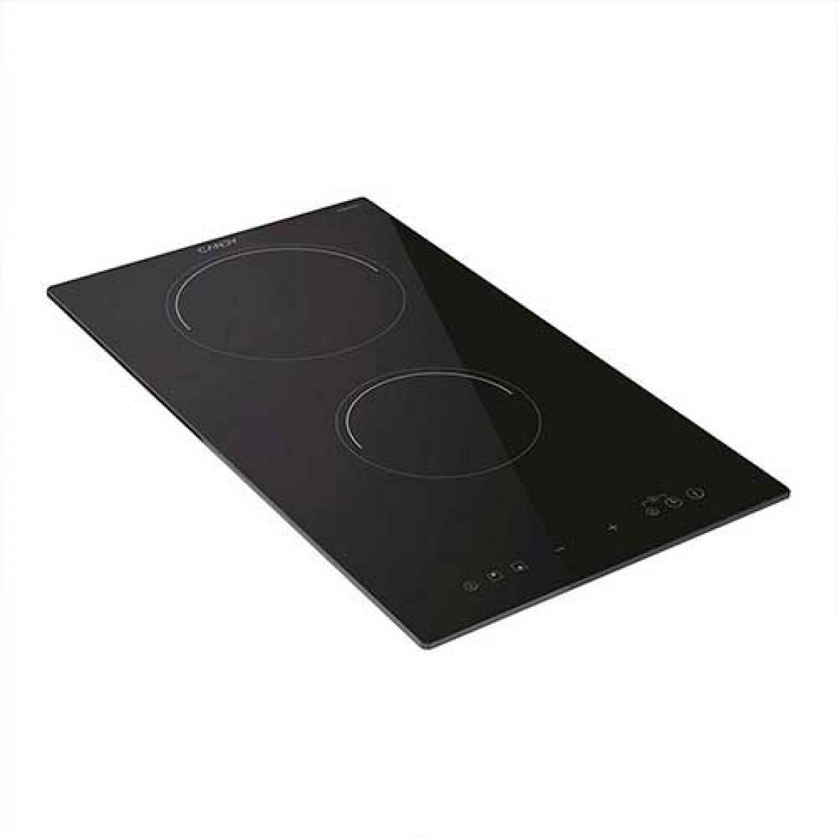 Czarna płyta indukcyjna z dwoma okrągłymi strefami gotowania, widok z boku.
