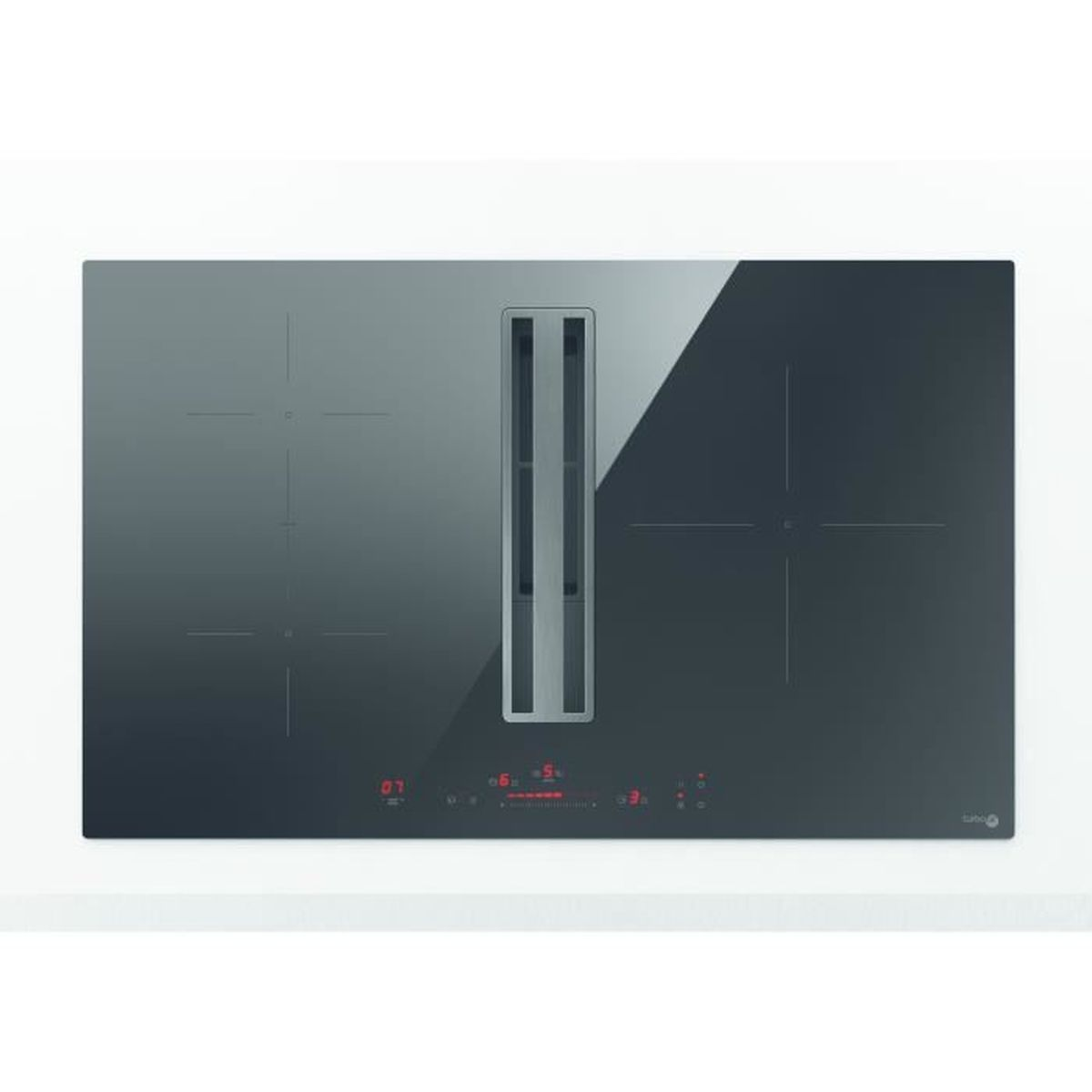 Placa de inducción negra con campana integrada. Pantalla roja visible.
