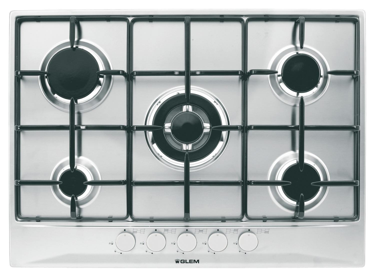 Kuchenka gazowa ze stali nierdzewnej z pięcioma palnikami i białymi pokrętłami. Widok z góry.