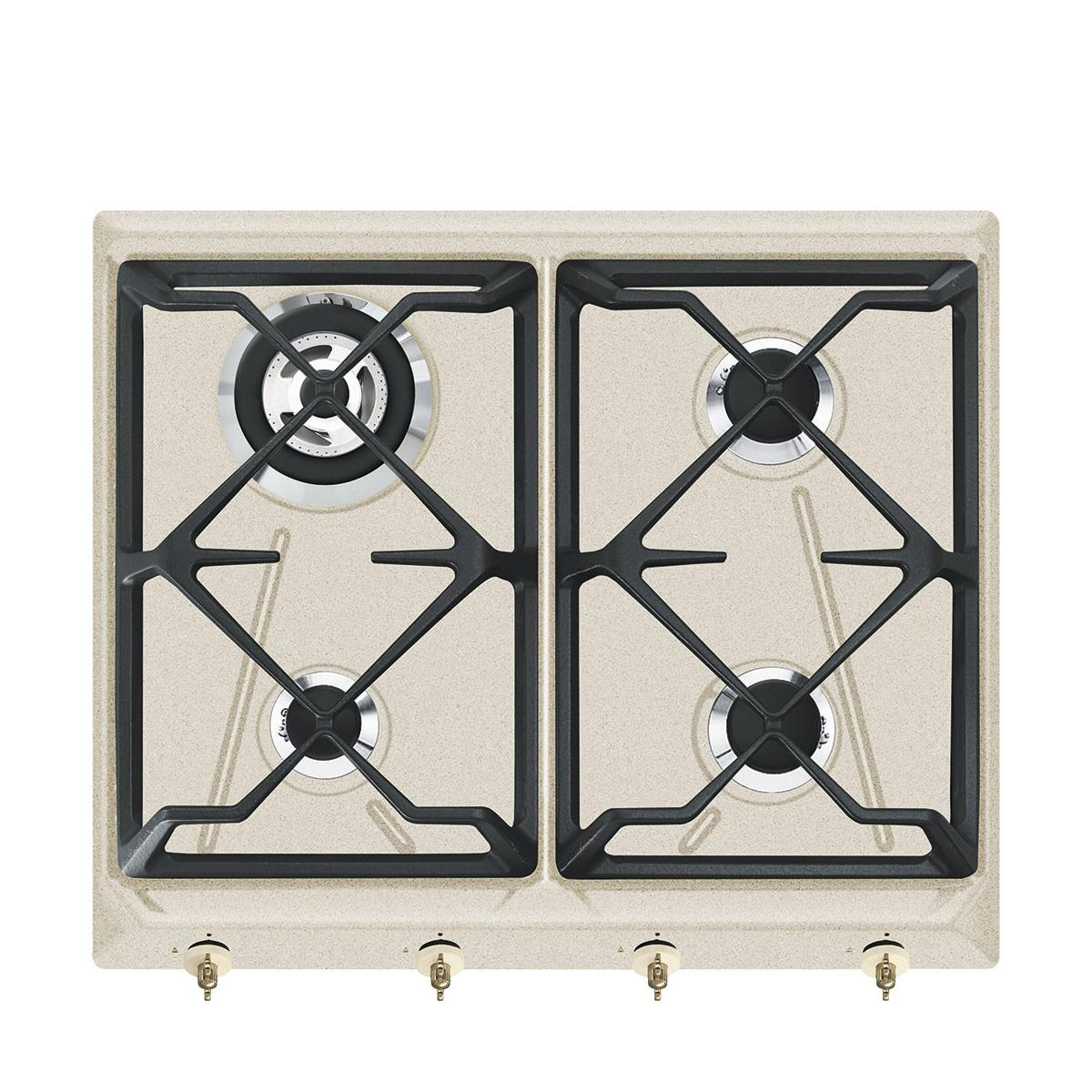 Kremowa płyta SMEG z czterema palnikami i złotymi pokrętłami.