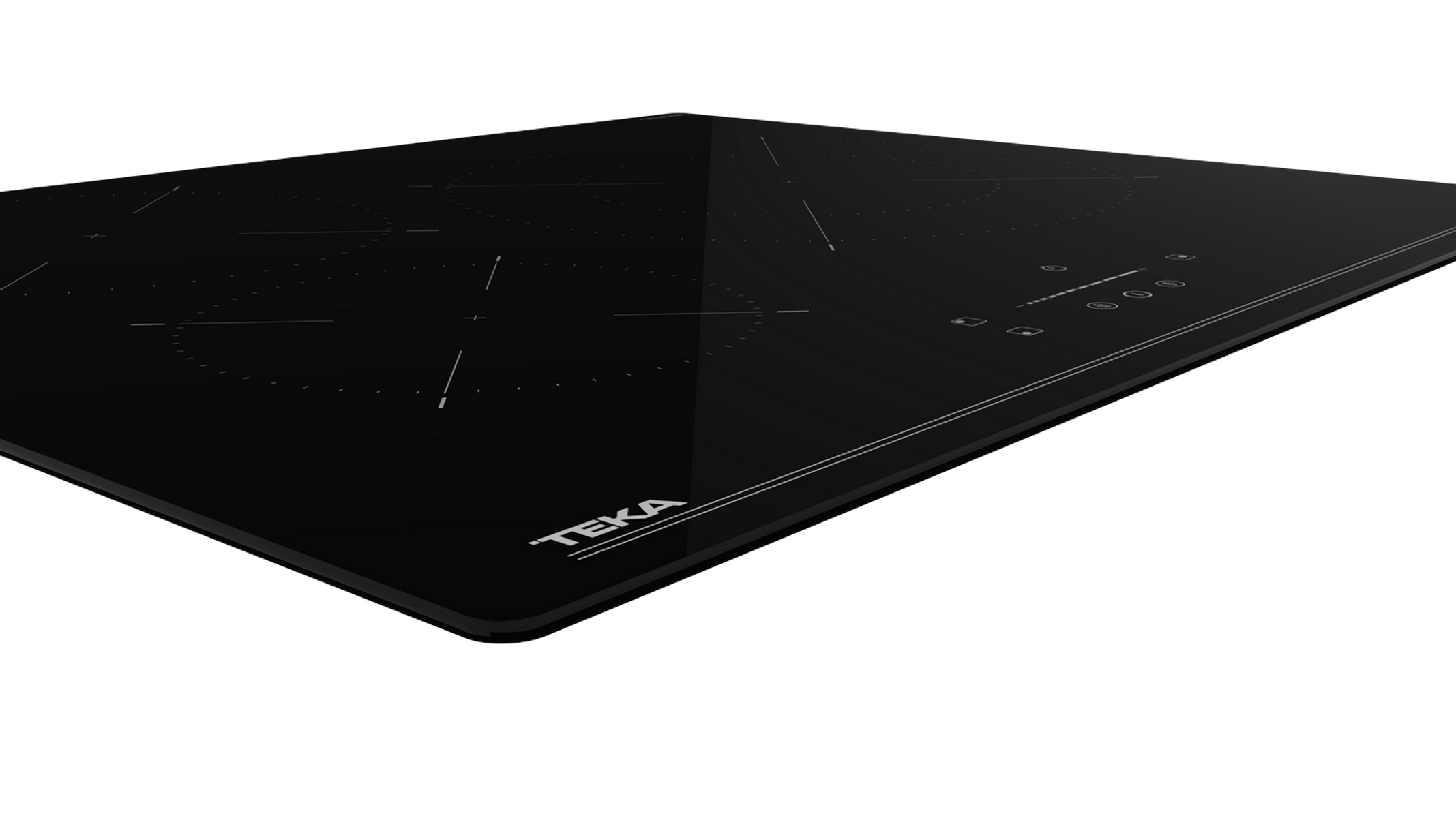 Czarna płyta indukcyjna z czterema strefami gotowania. Białe logo Teka w lewym dolnym rogu.