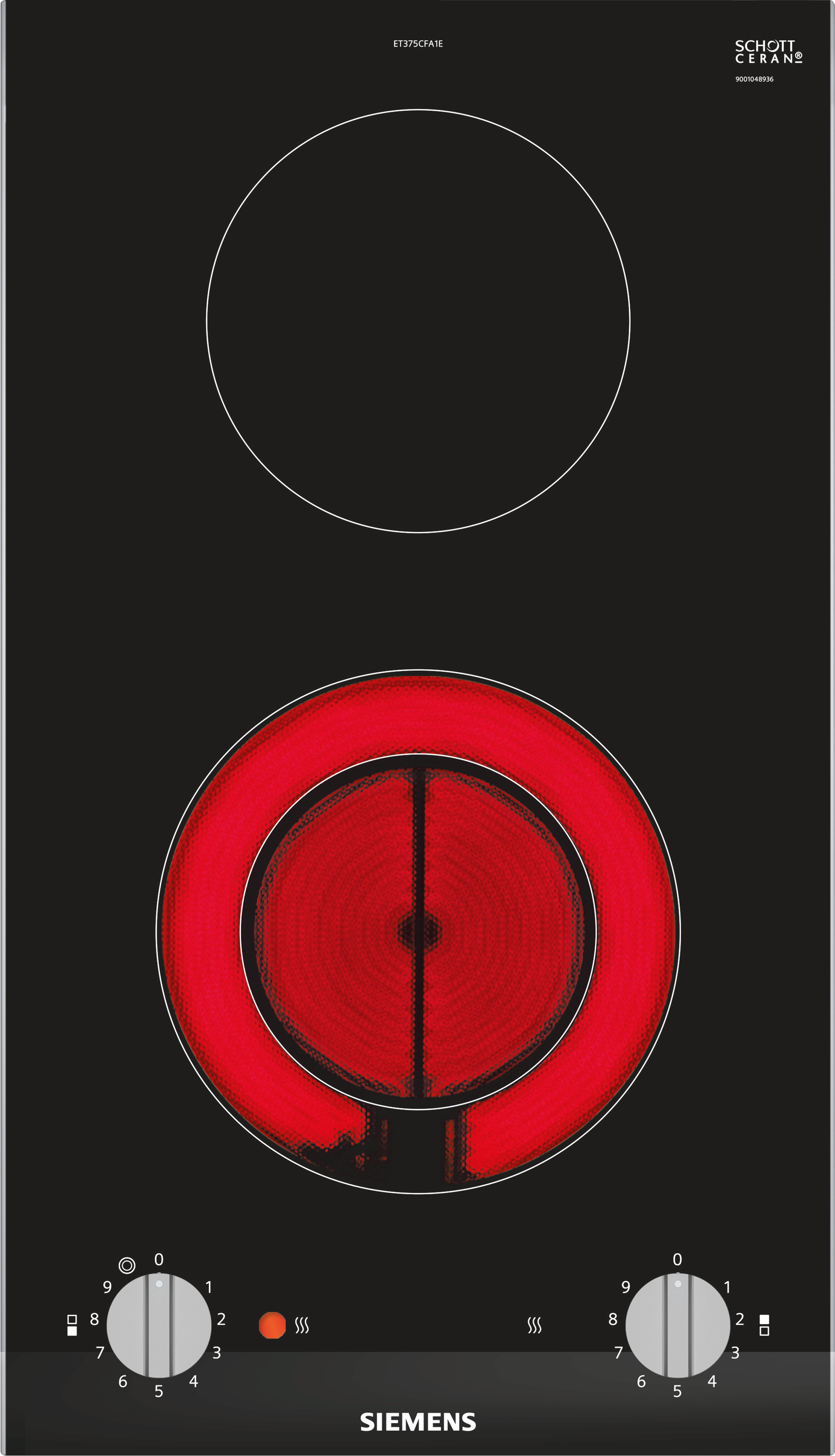 Czarna płyta grzewcza z dwiema strefami grzewczymi, pokrętłami. Widoczna czerwona strefa.