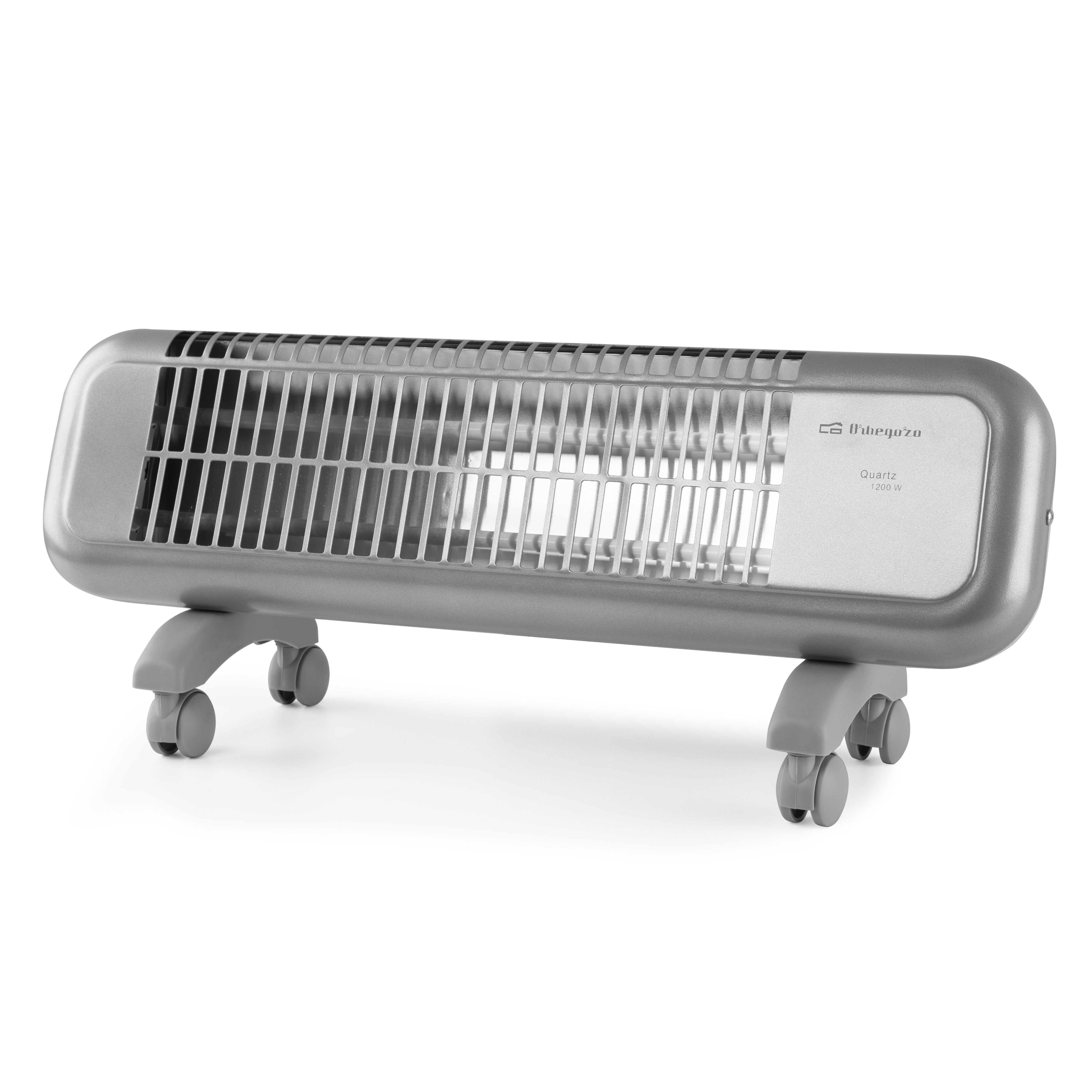 Calentador eléctrico plateado sobre ruedas, con una rejilla de elementos calefactores y un panel de control.