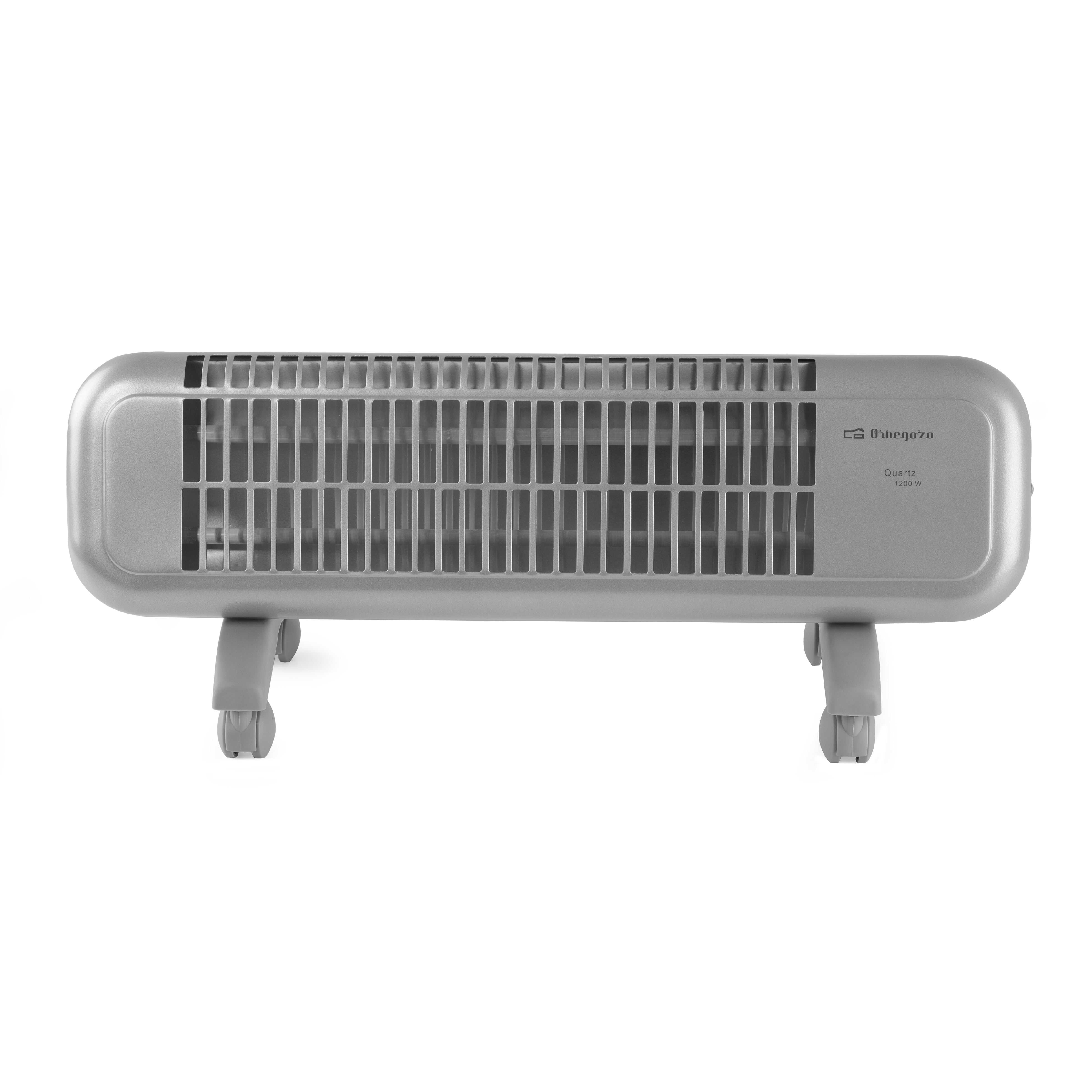 La parte trasera de un calentador eléctrico plateado, que muestra las rejillas traseras y el diseño redondeado con ruedas.