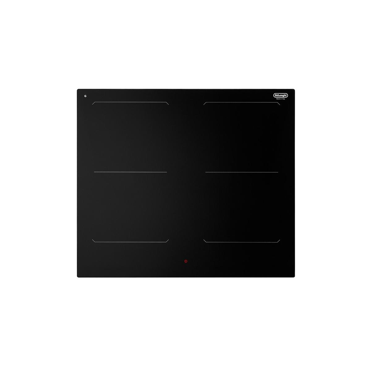 Piano cottura a induzione nero con quattro fuochi, un punto rosso.
