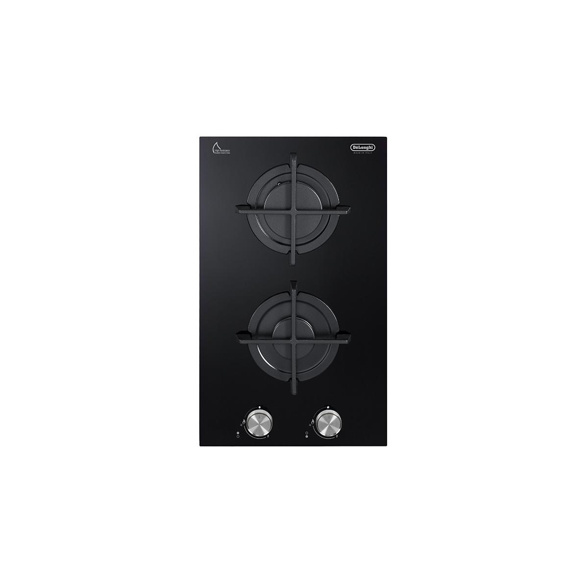 Czarna płyta gazowa z dwoma palnikami, ruszty ze stali nierdzewnej i pokrętła.