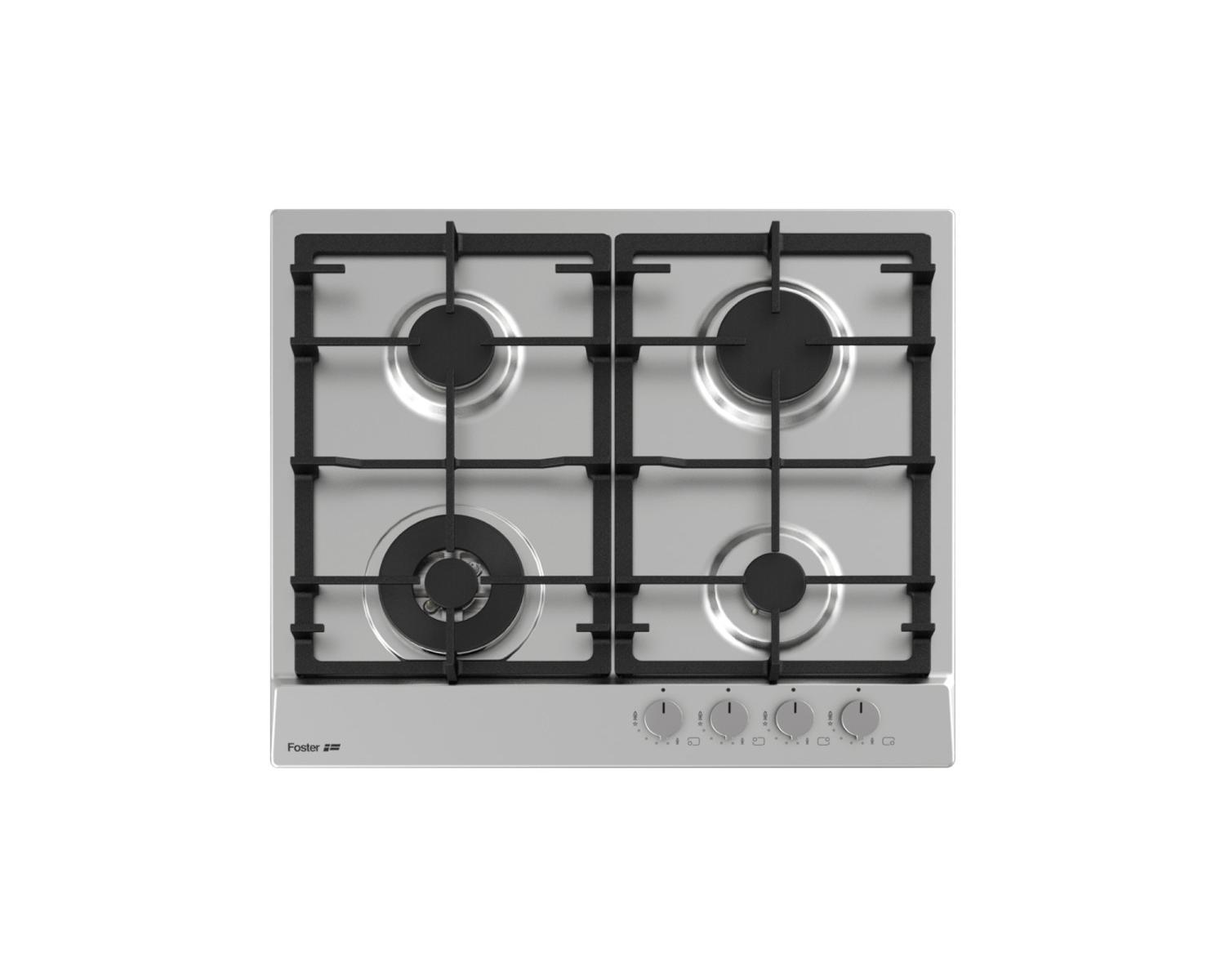 Srebrna płyta gazowa z czterema palnikami. Logo Foster w lewym dolnym rogu. Pokrętła sterowania pod palnikami.