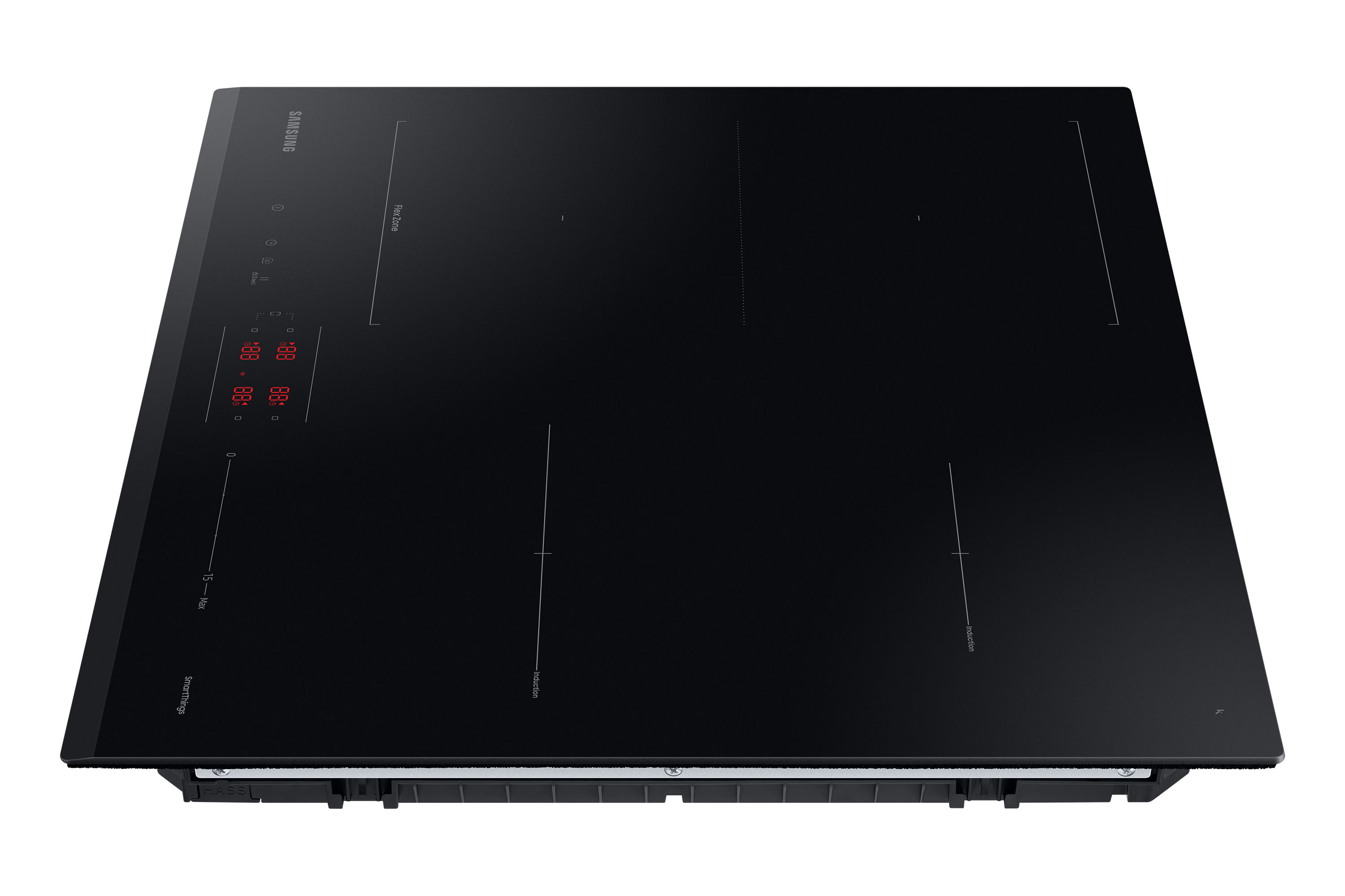 Piano cottura nero. Quattro zone, display rosso.