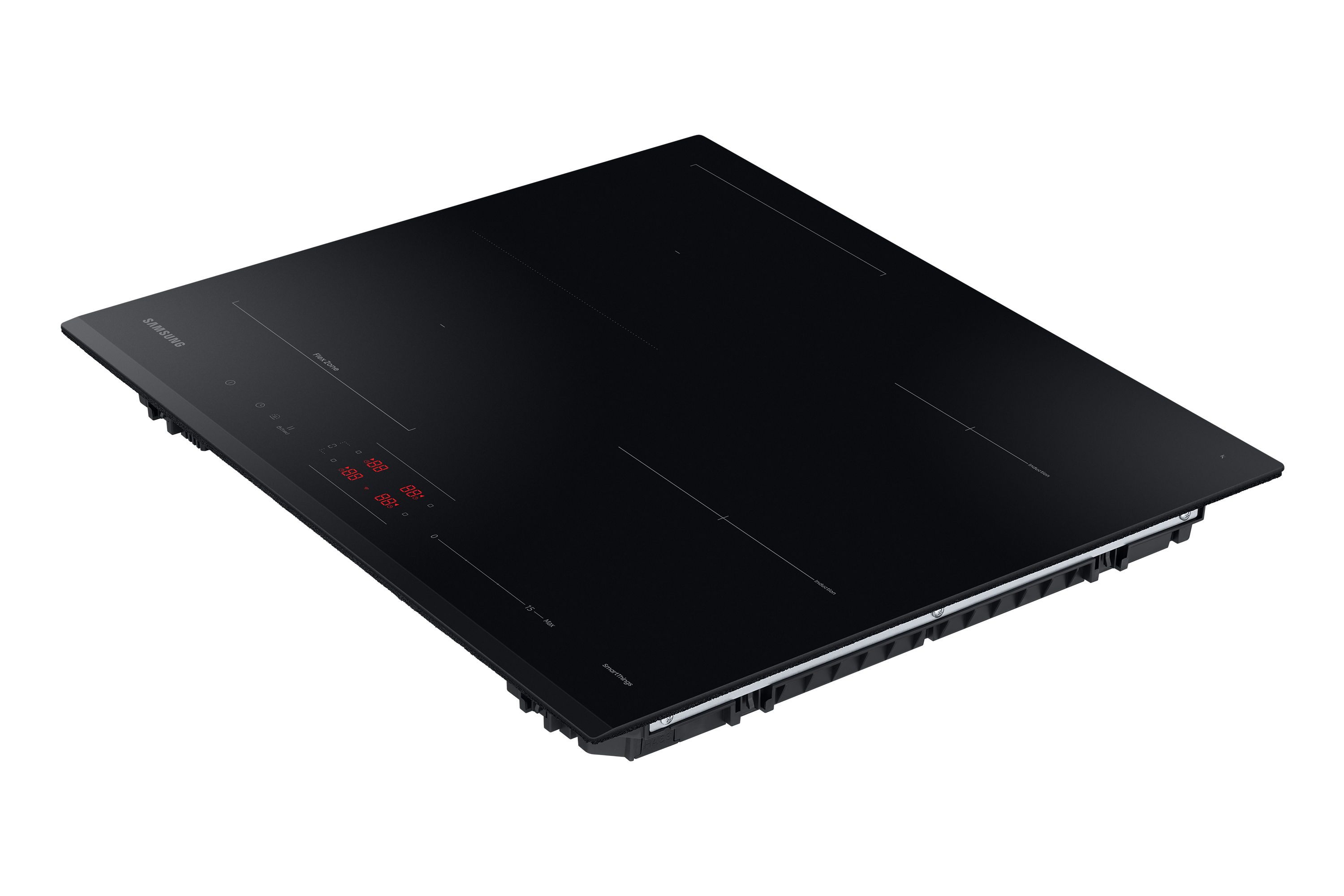 Un piano cottura a induzione nero con quattro zone cottura e comandi touch. Ha display digitali rossi.
