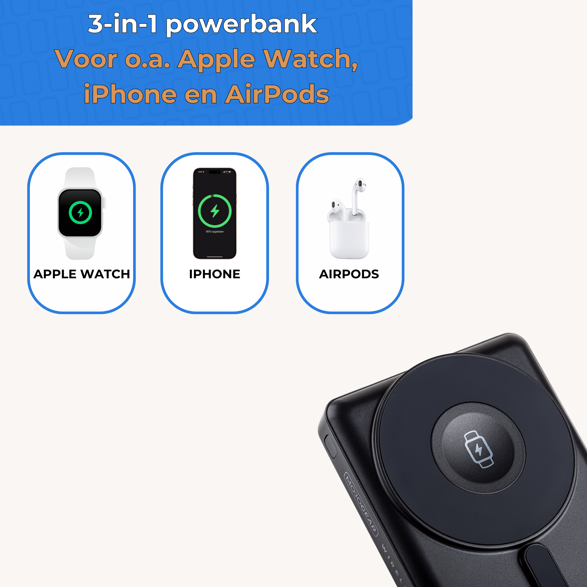 3-in-1 powerbank met afbeeldingen van Apple Watch, iPhone en AirPods, zwart design.