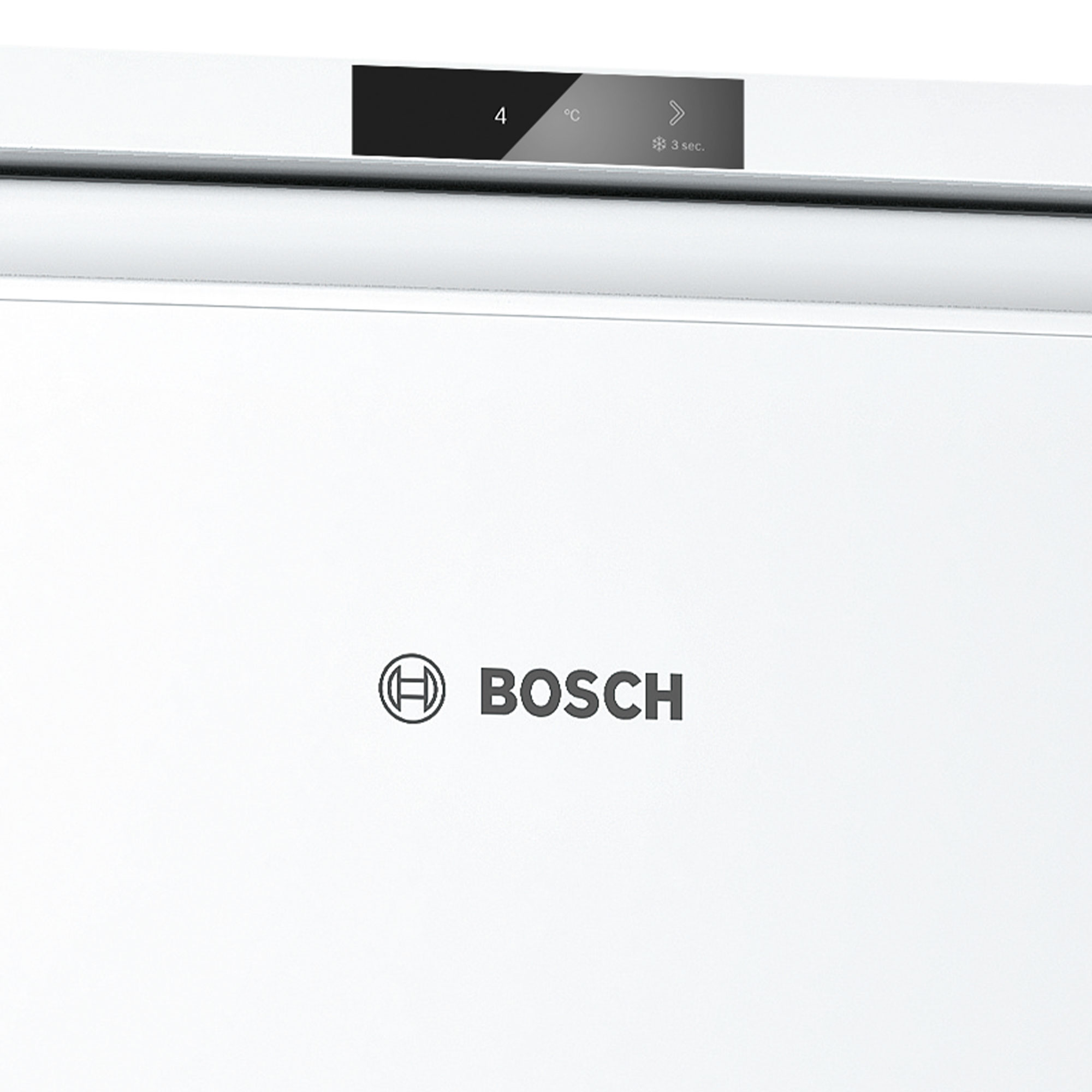 Weiße Kühlschranktür mit 'BOSCH'-Logo. Ein Display zeigt die Temperatureinstellung. Weißer Hintergrund.