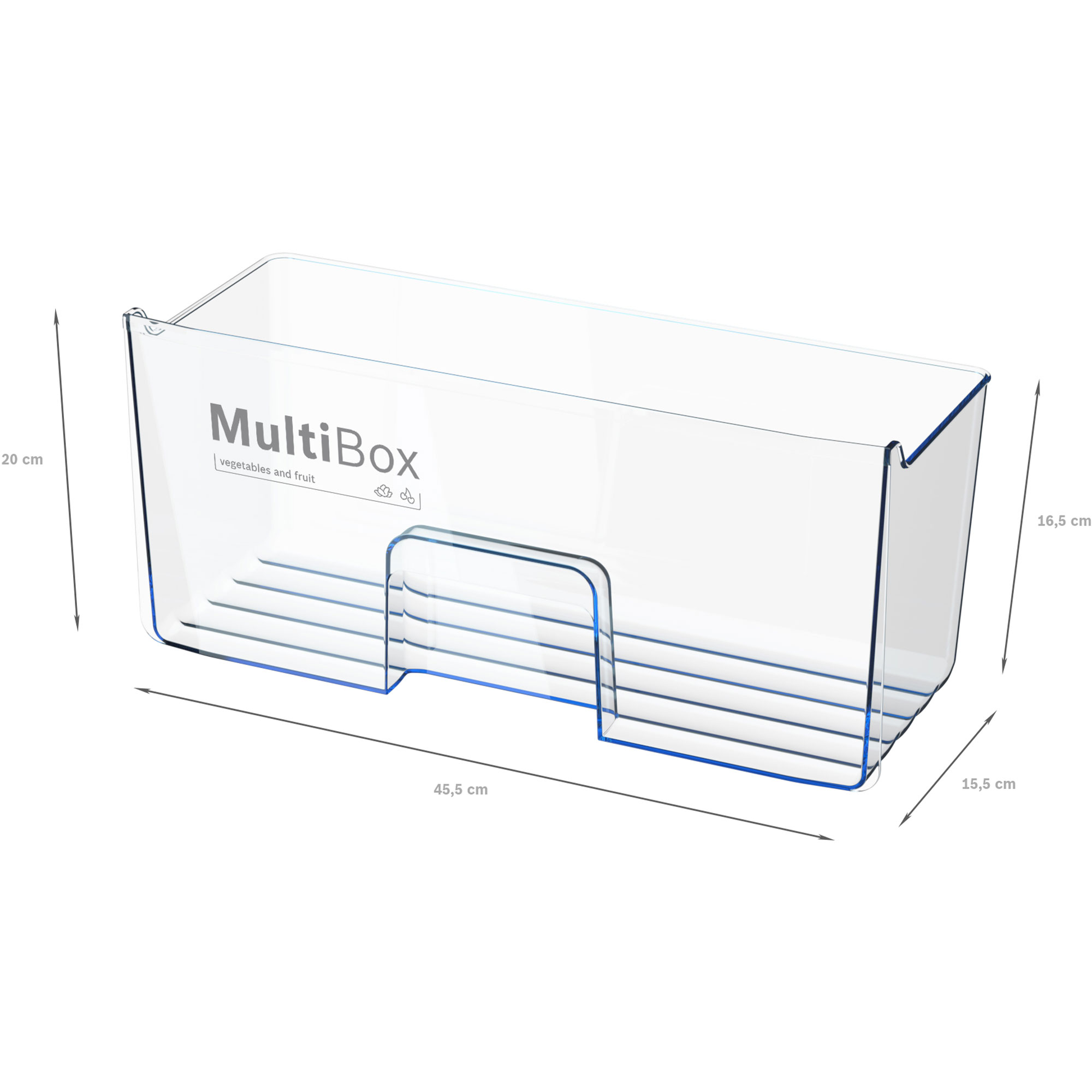 Transparente MultiBox für Gemüse und Obst. Rechteckiger Behälter mit blauen Kanten. Abmessungen sind angegeben.