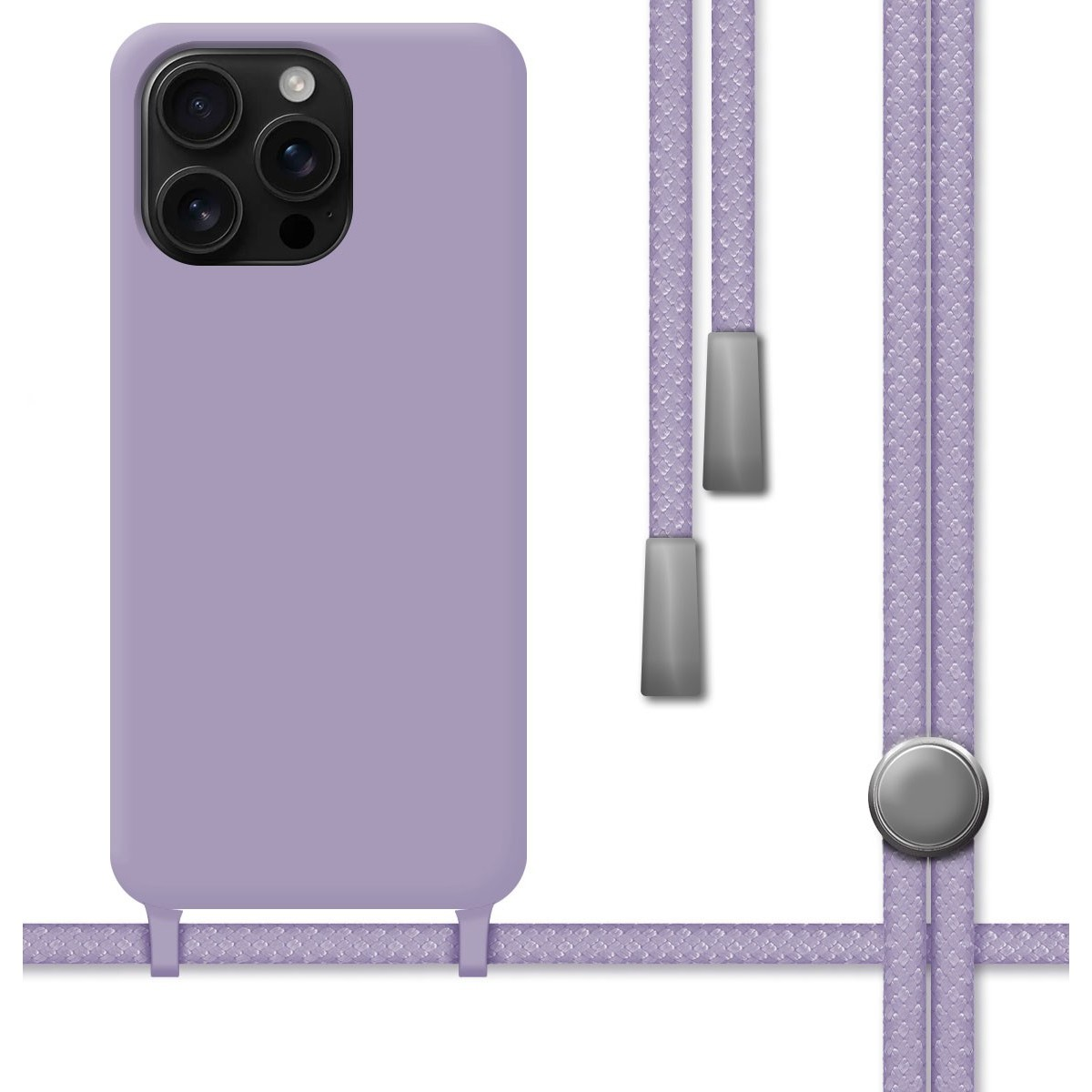 Custodia per telefono lilla con tre fotocamere e un cordino. Chiusura argentata.