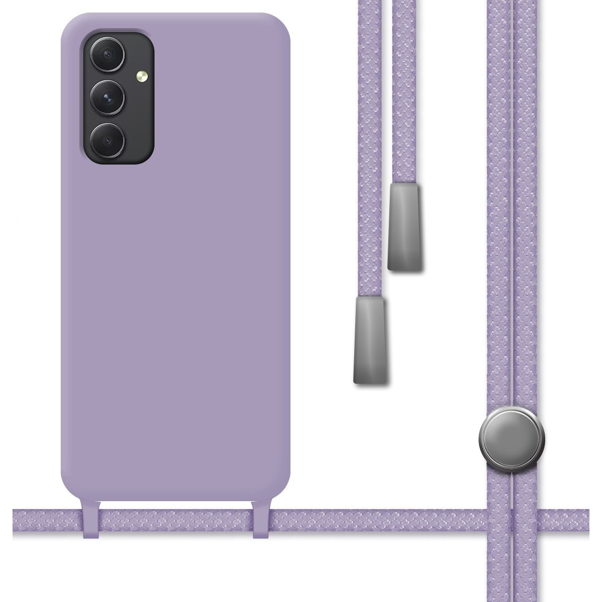 Custodia per telefono lilla con cordino. La custodia ha 3 fotocamere.